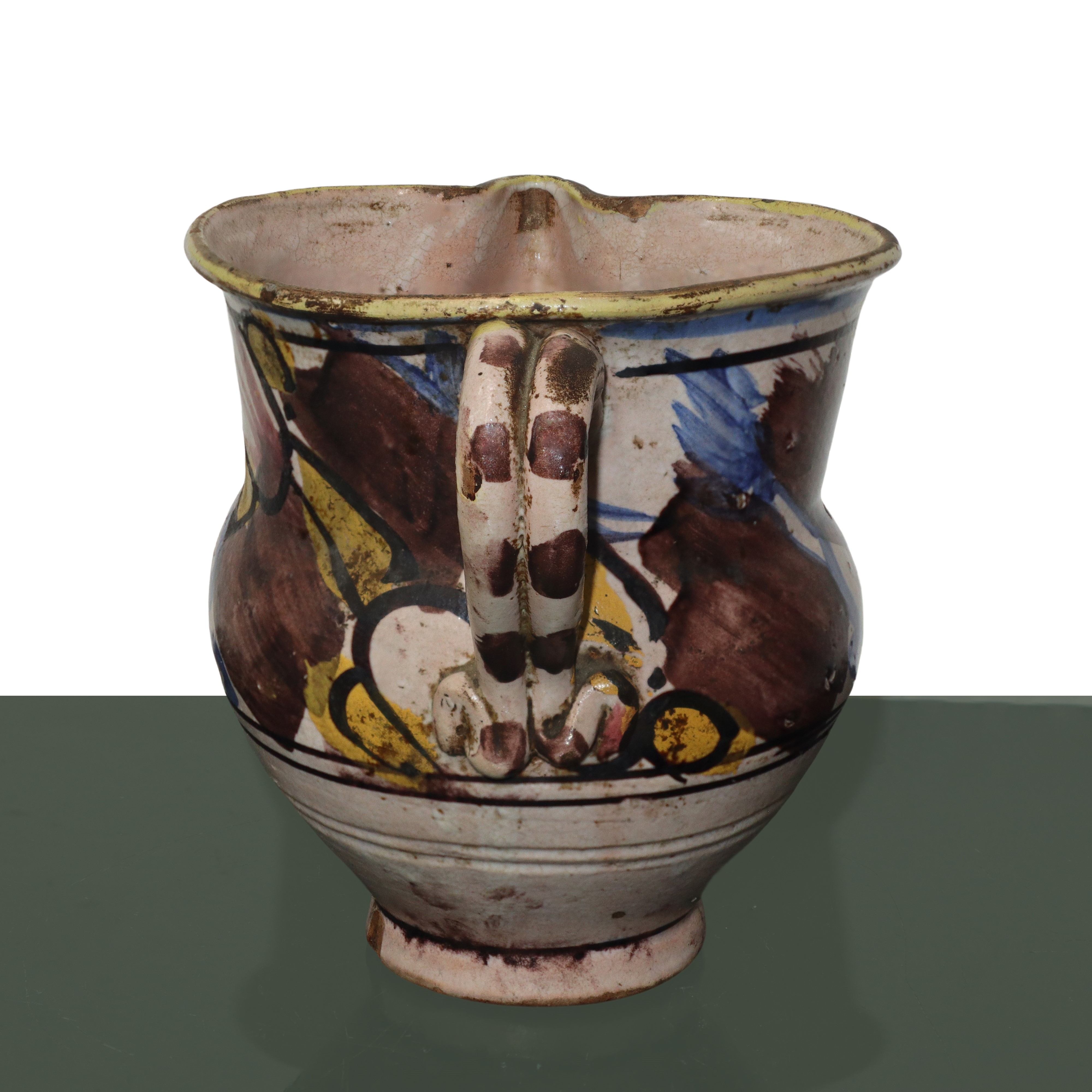 Cannata versatoio in maiolica di Caltagirone invetriata e smaltata policroma