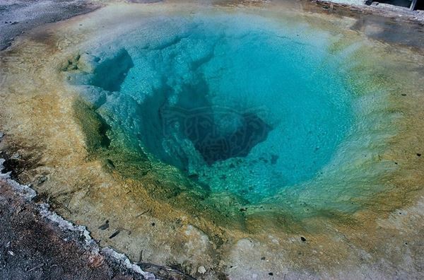 Collection EM, titled "Geyser", 1983. USA: Yellowstone Park, geysers (hot water volcano), slide 1/8, 30x45, Cibachrome print directly from the slide, 40x55 forex 10mm, Contouring white, cardboard, cover edges volcanic sand