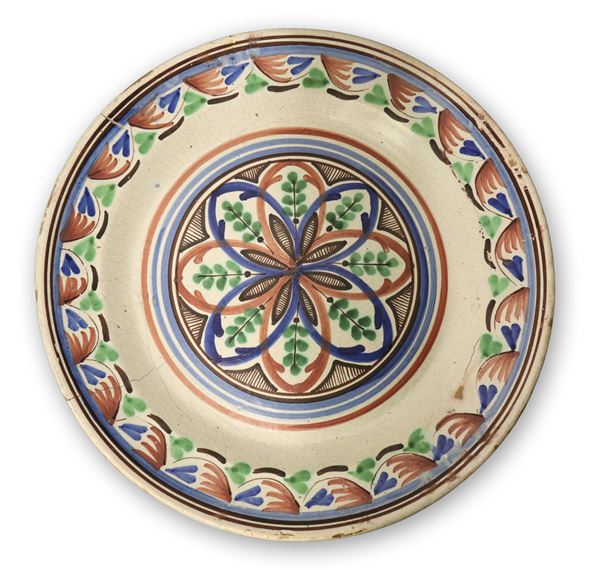 Large Caltagirone plate decorated with polychrome glaze and enamel