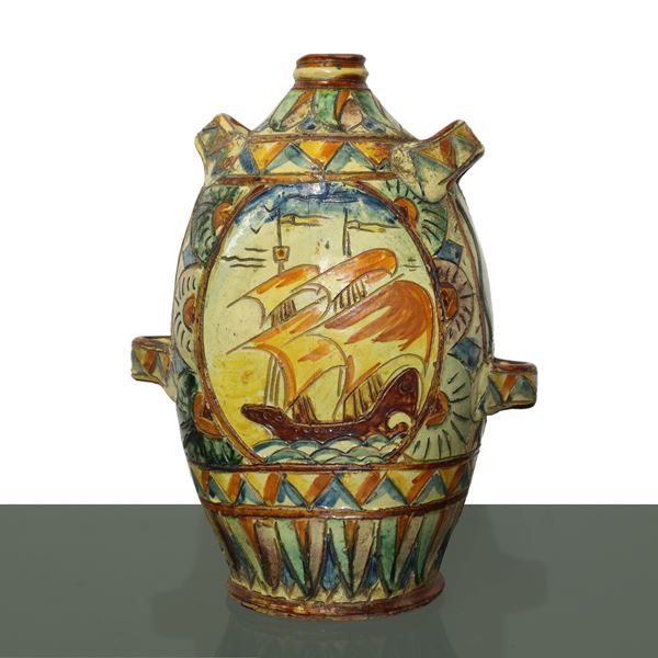 Polychrome ceramic amphora, glazed and decorated with a sailing ship