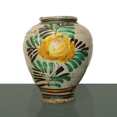 Vaso in Maiolica di Caltagirone Decorata e Invetriata con Fiore Giallo Verde