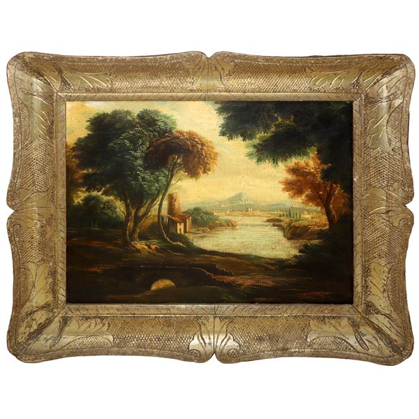 River landscape in antique gilded tray frame