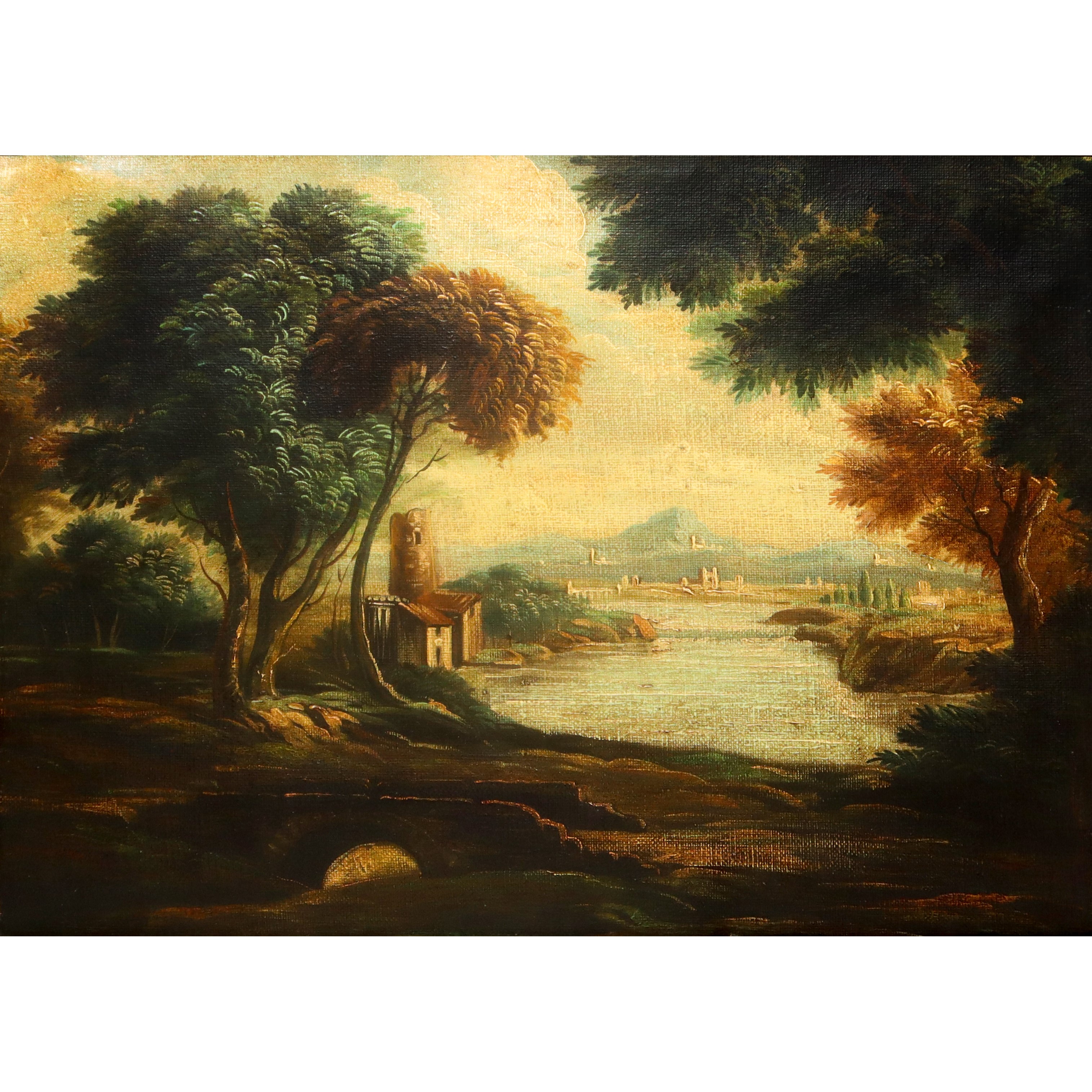 Paesaggio Fluviale in Cornice Antica a Vassoio Dorata