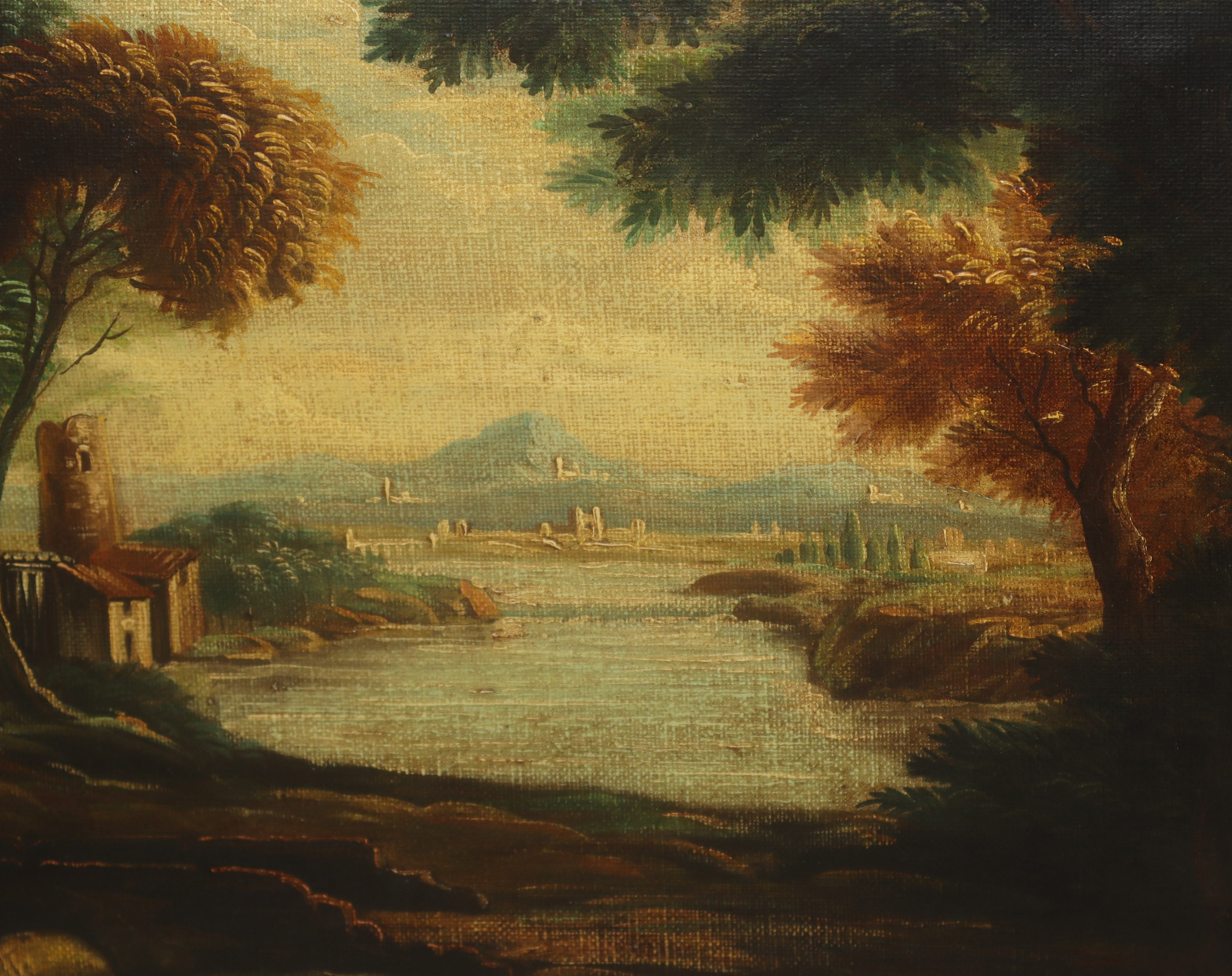 Paesaggio fluviale in cornice antica a vassoio dorata