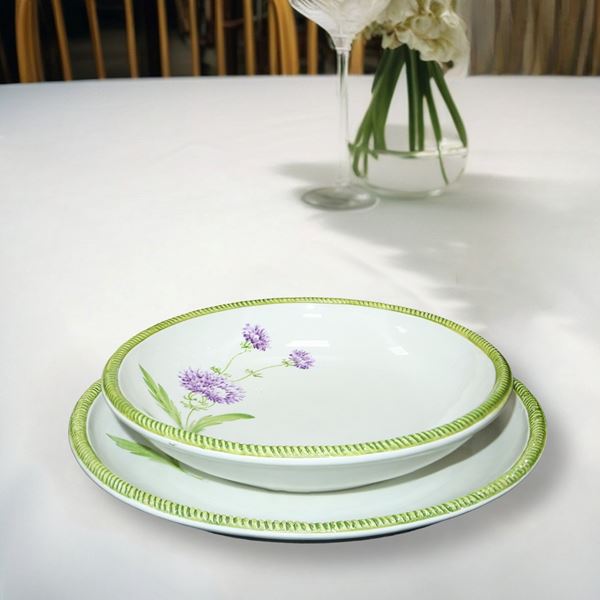 &#39;&#39;Valle&#39;&#39; service for 12 with green braided edge and lavender flowers