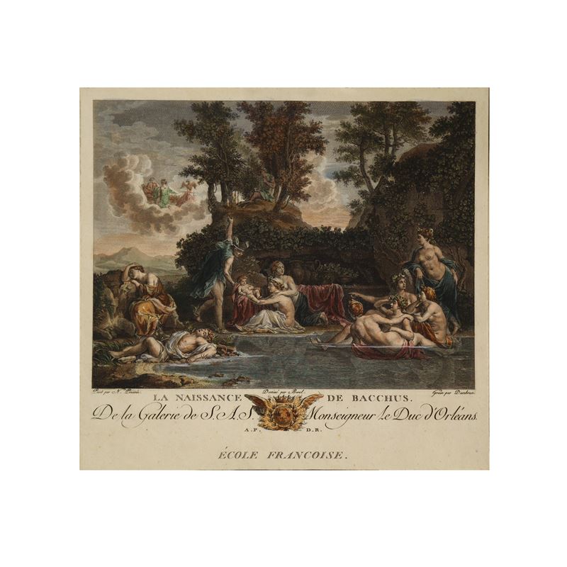 Jean Dambrun - Incisione da Poussin della Nascita di Bacco