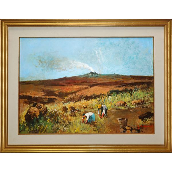Etna and farmers in the fields