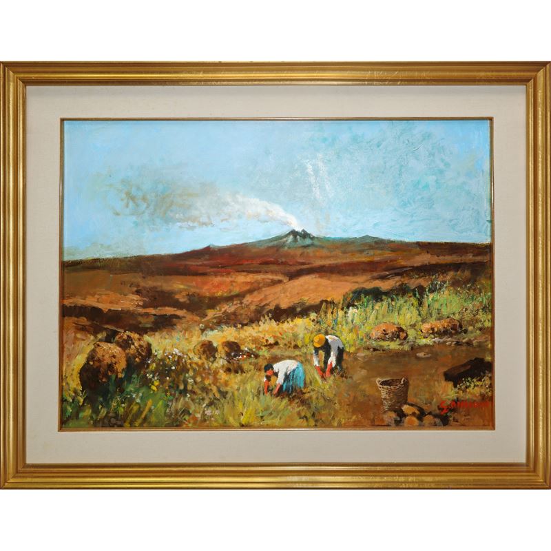 Etna e contadini nei campi