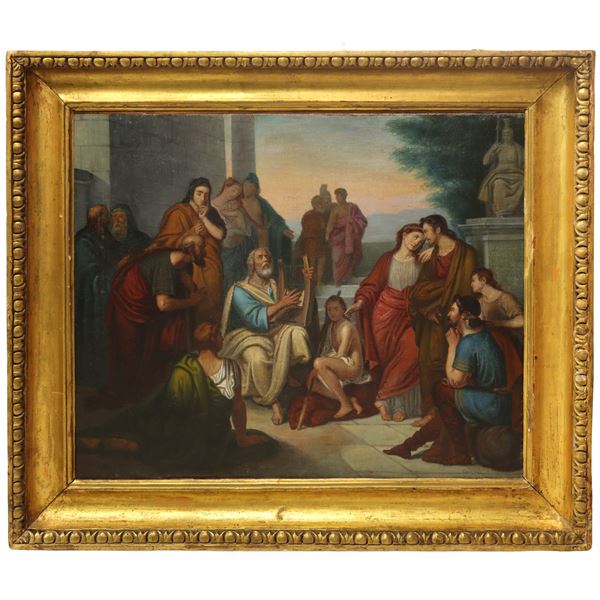 Homer with the lyre intent on declaiming his verses to the bystanders 