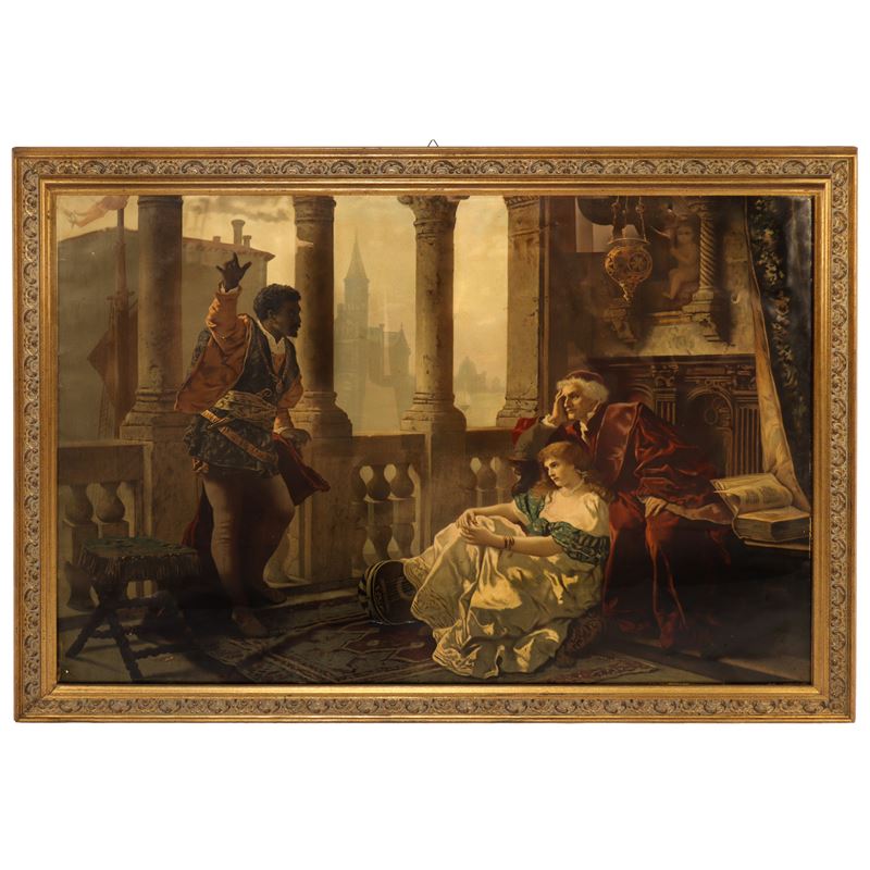 Otello che Relaziona le Sue Avventure a Desdemona, Oleografia su Tela, Copia da Becker Carl Ludvw...