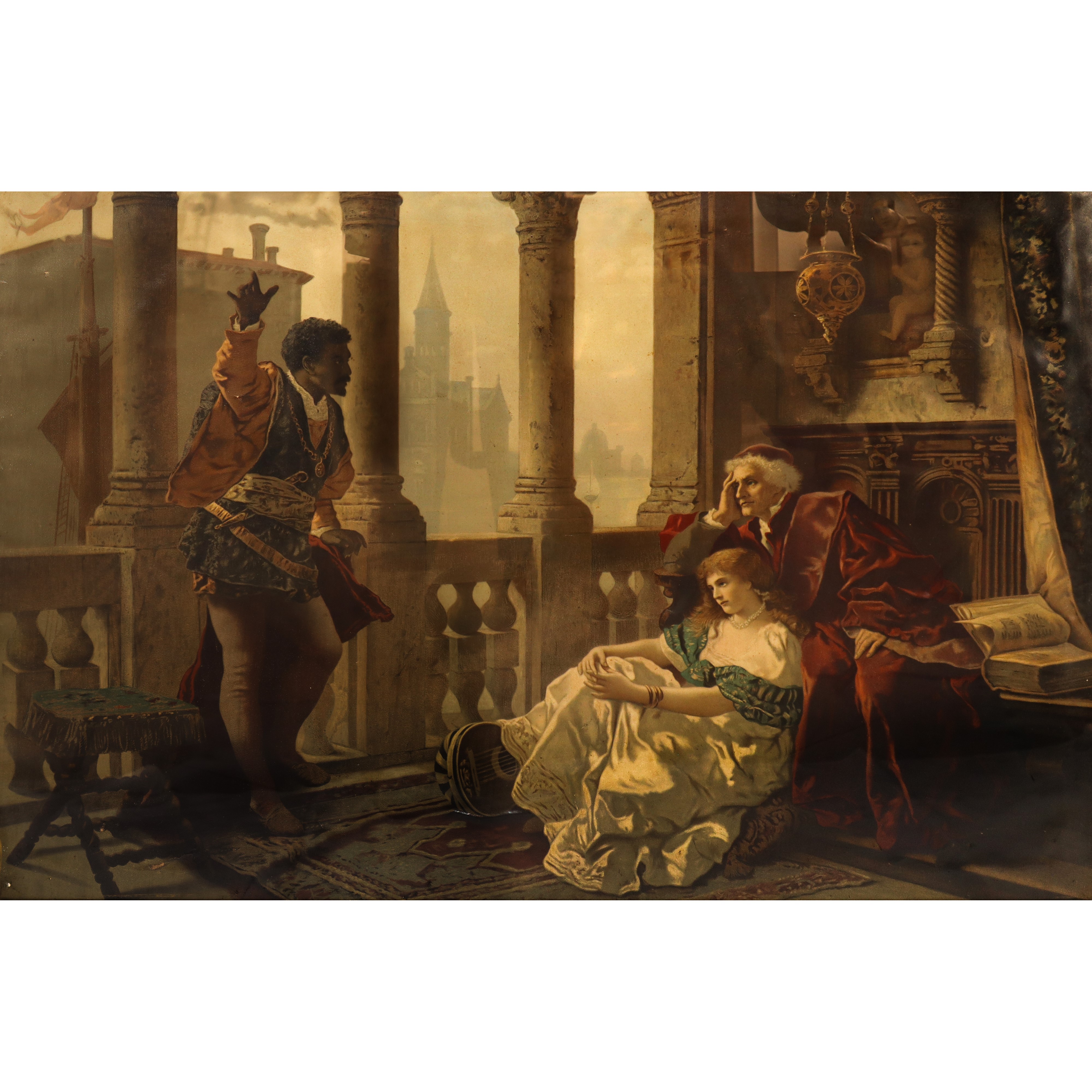 Otello che Relaziona le Sue Avventure a Desdemona, Oleografia su Tela, Copia da Becker Carl Ludvw...