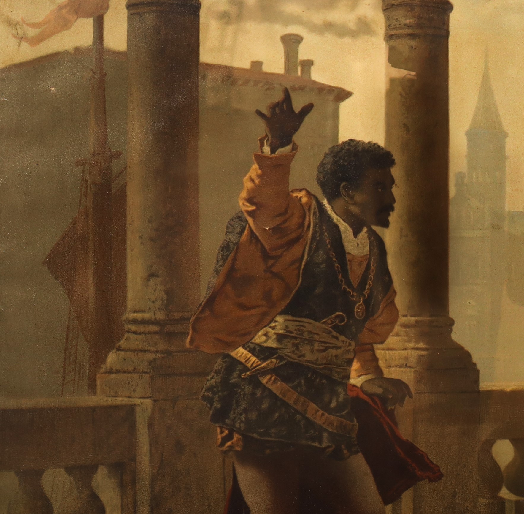 Otello che Relaziona le Sue Avventure a Desdemona, Oleografia su Tela, Copia da Becker Carl Ludvw...