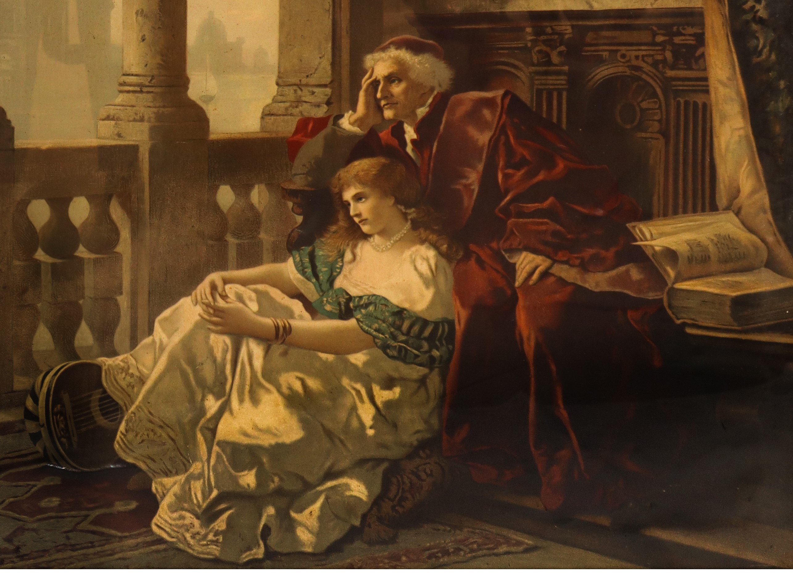 Otello che Relaziona le Sue Avventure a Desdemona, Oleografia su Tela, Copia da Becker Carl Ludvw...