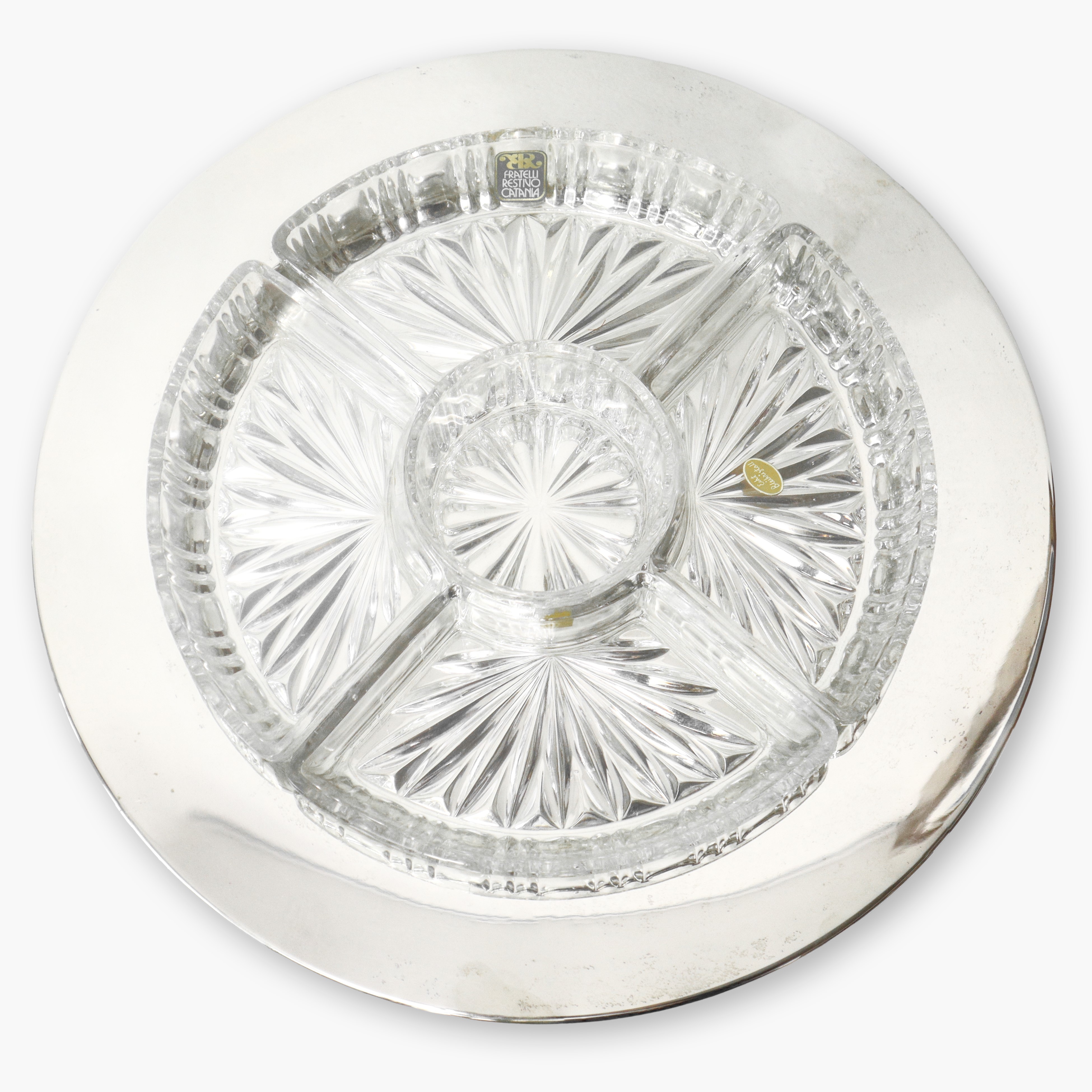 Vassoio in argento 800 porta antipastiera in cristallo