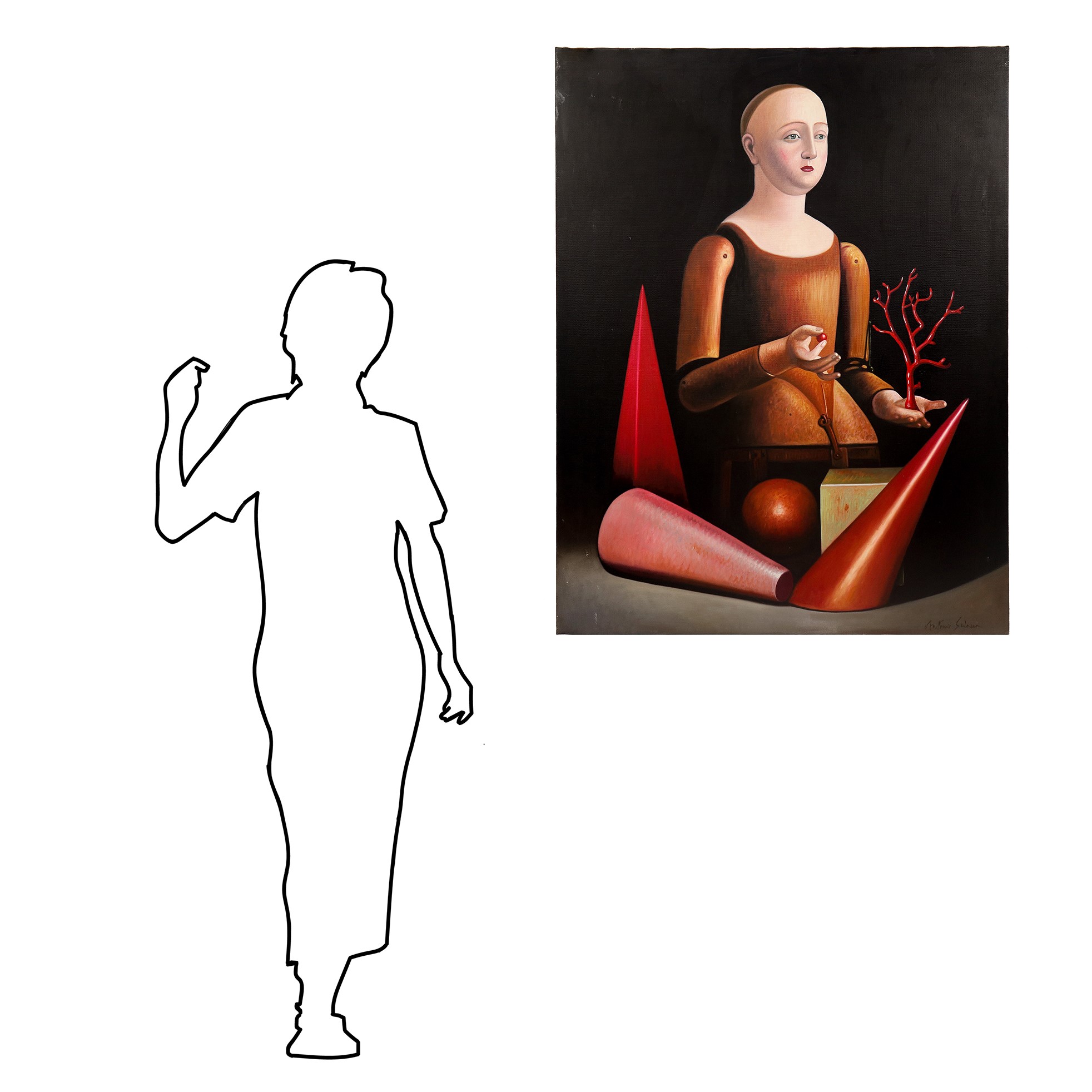 Manichino con corallo e figure geometriche