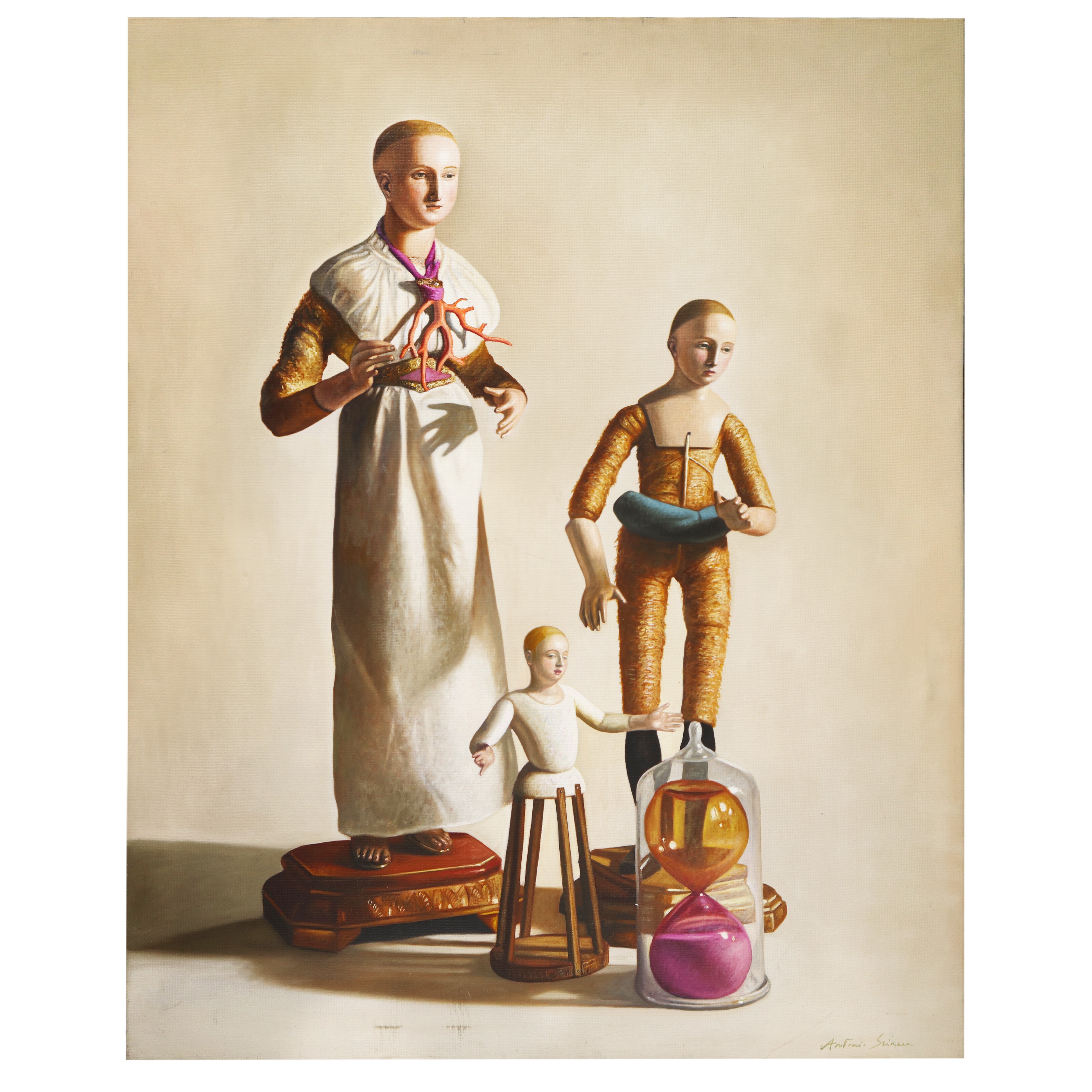 Manichini che contemplano clessidra