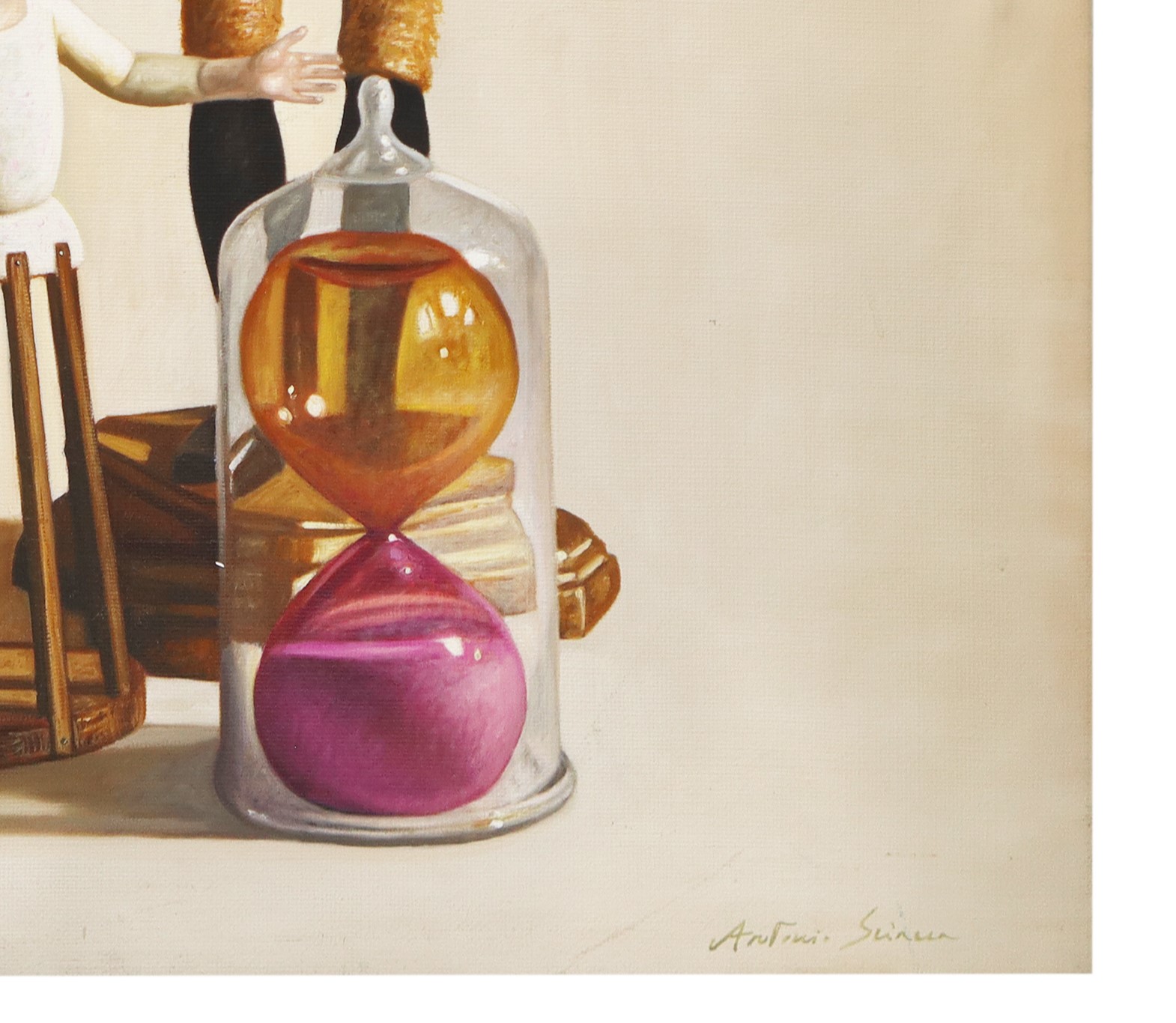 Manichini che contemplano clessidra