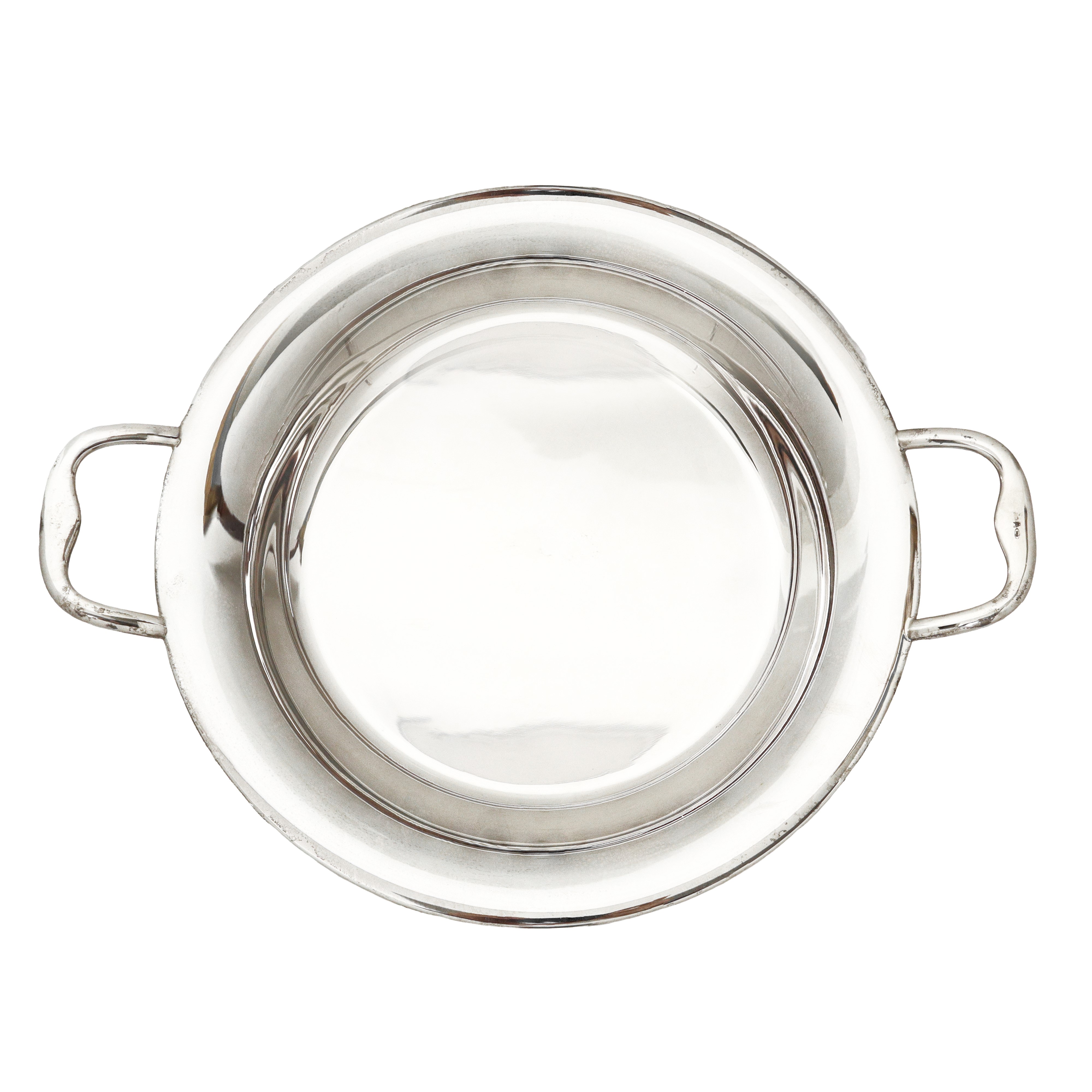 Vassoio circolare in argento 800 con prese laterali