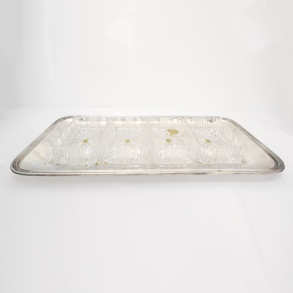 Rectangular tray in 800 silver with crystal appetizer containers