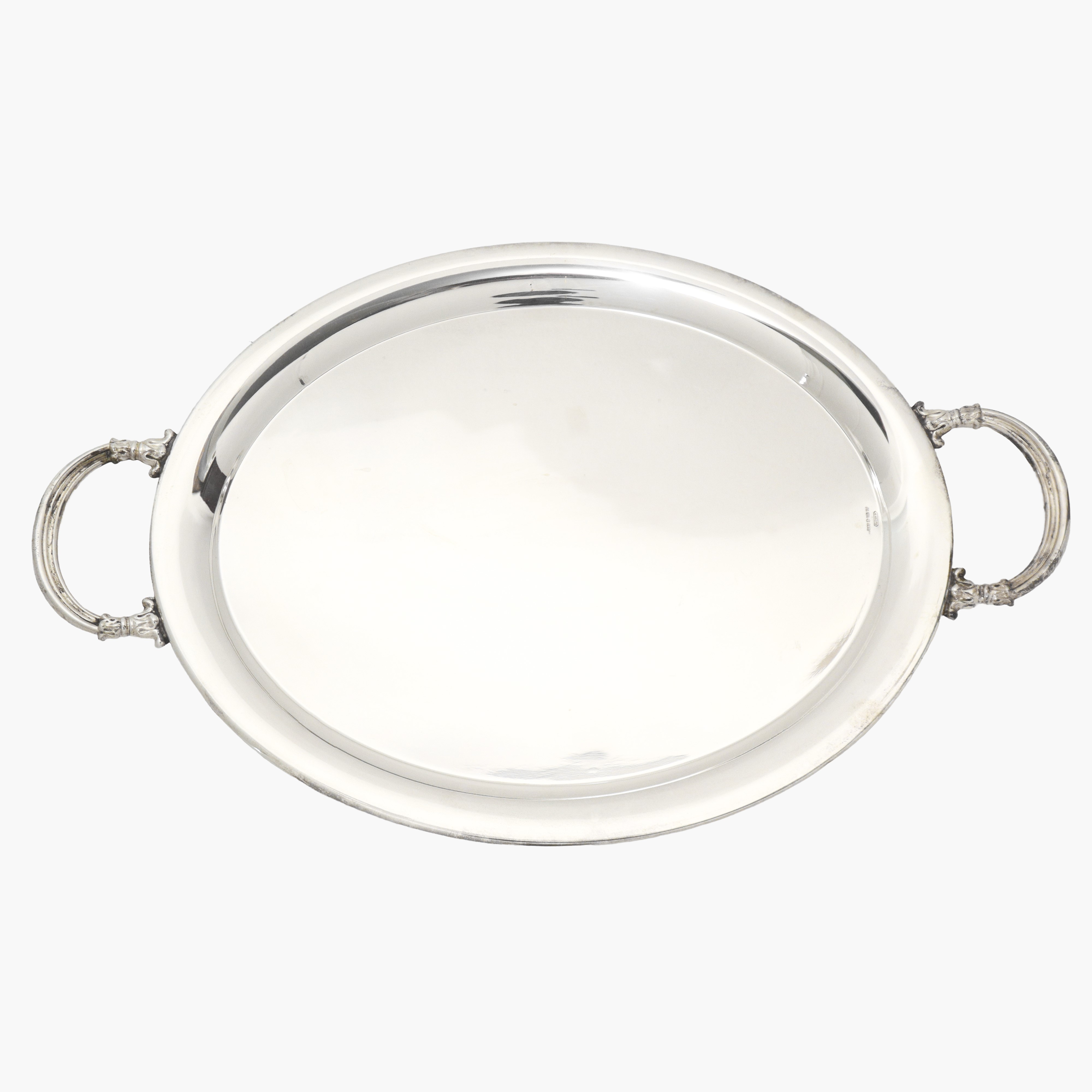 Vassoio ovale in argento 800 con prese laterali con decoro floreale