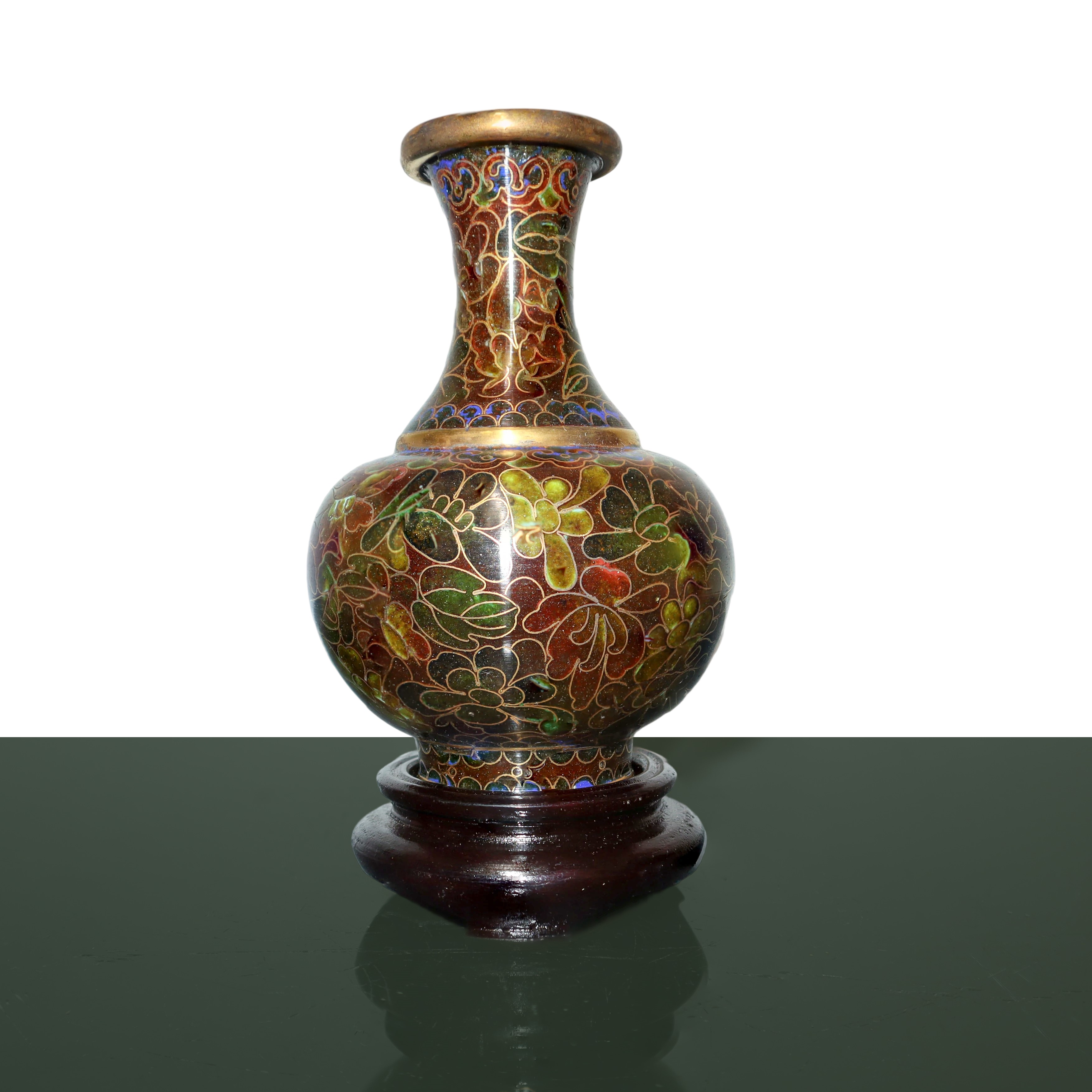 Coppia di Vasi Cloisonnet nei Toni del Marrone con Base in Legno