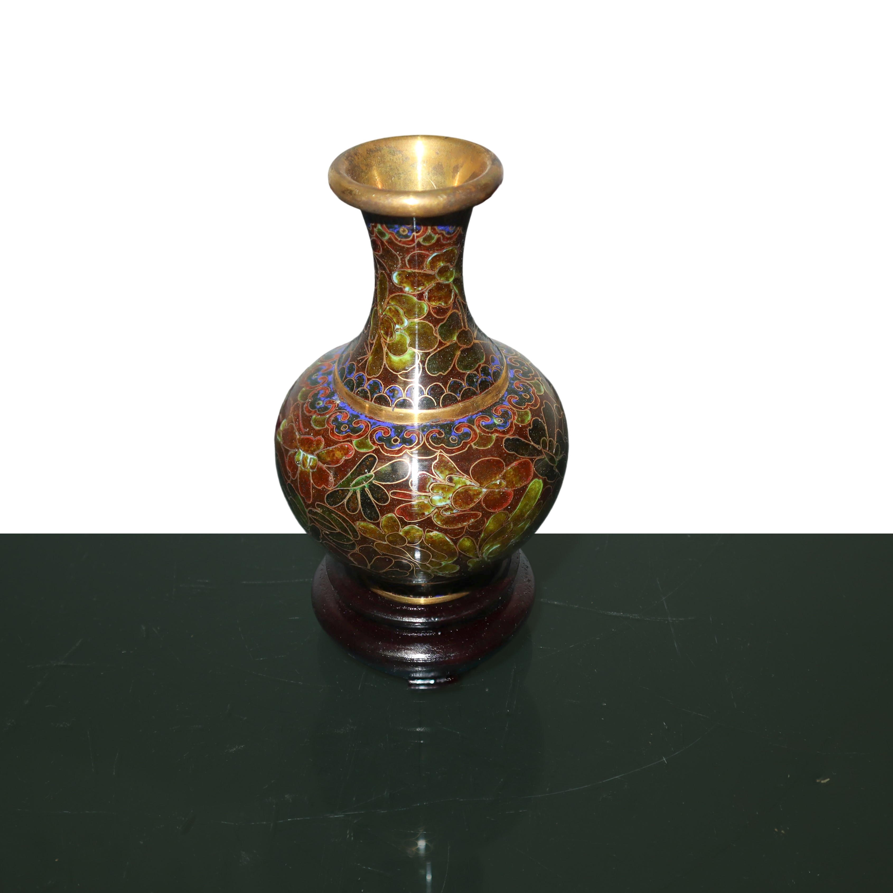 Coppia di Vasi Cloisonnet nei Toni del Marrone con Base in Legno