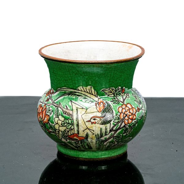 Green enamel vase with floral and bird decorations