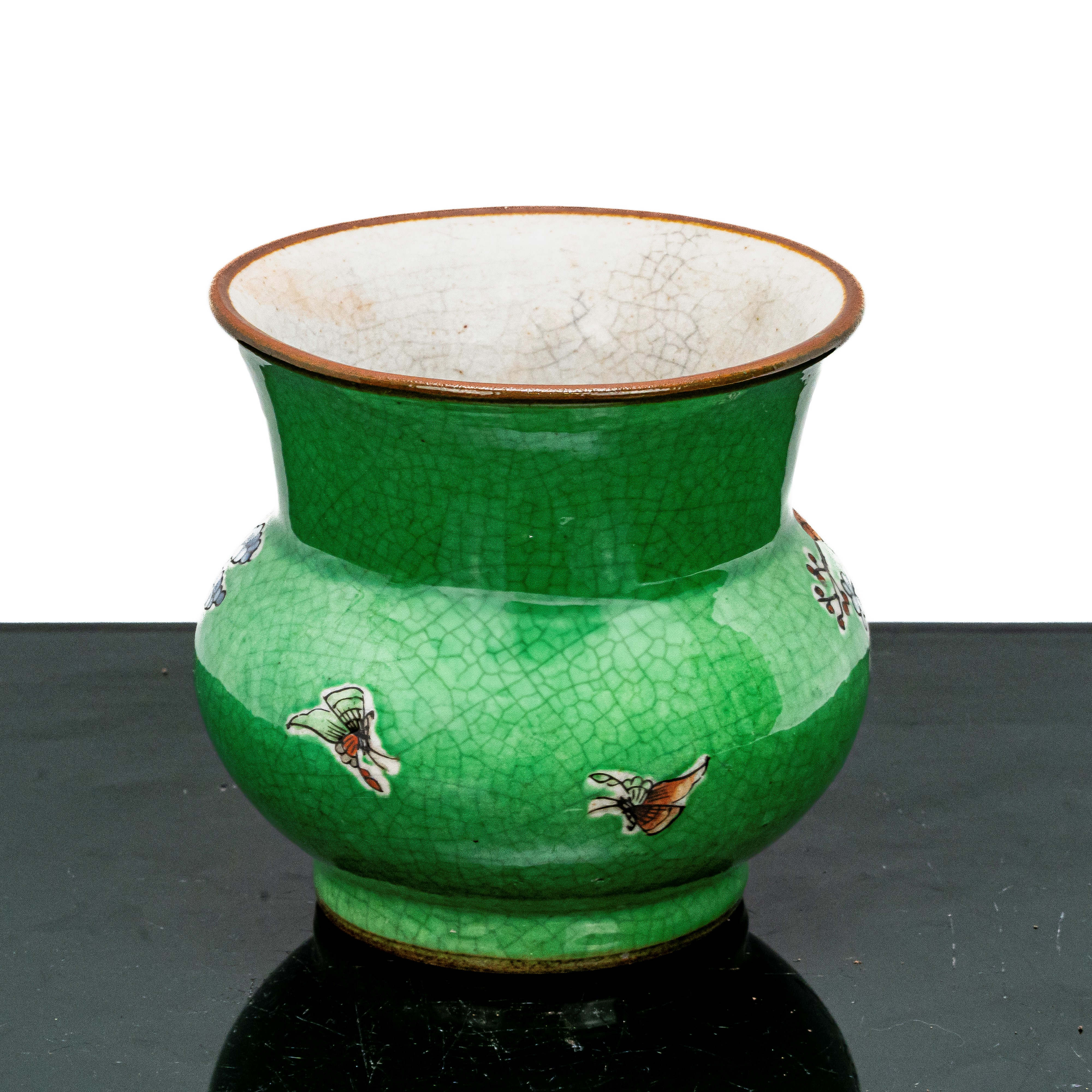 Vaso in Smalto Verde con Decori Floreali e Uccelli