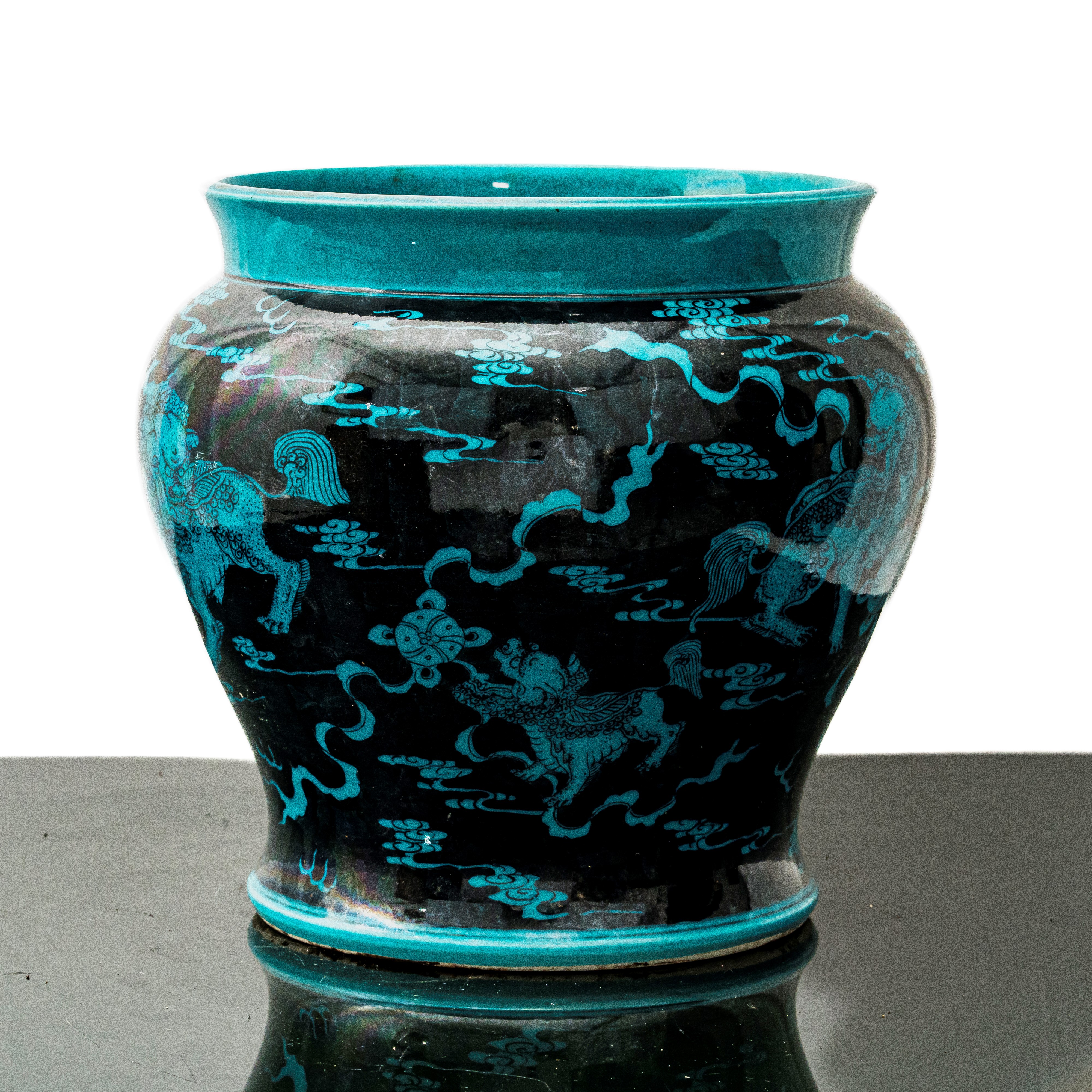 Serbatoio D'acqua con Decori di Dragoni Blu su Fondo Nero