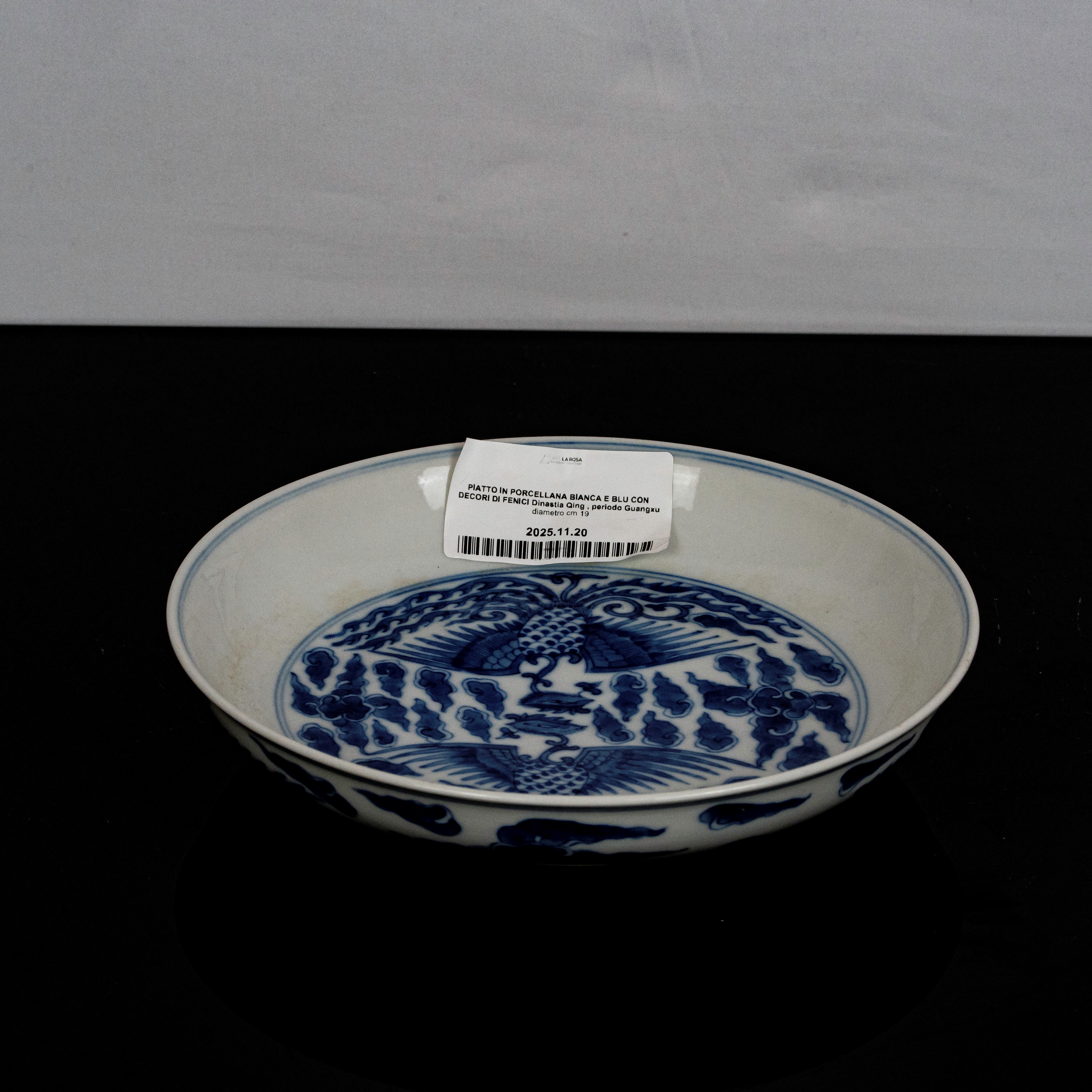 Piatto in Porcellana Bianca e Blu con Decori di Fenici