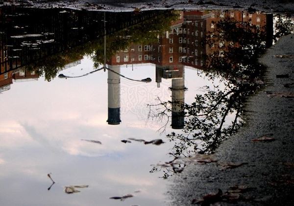 Collection AQUA, titled "Con Edison", 2006. USA: NYC, Reflection smokestacks Con Edison puddle of rainwater, digital 0/5, 30,5X43, kodak digital printing on matte photo paper, black forex 20mm, edged