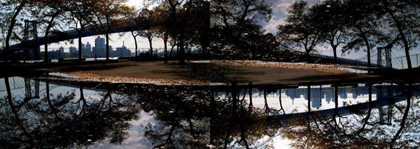 Collection AQUA, titled "Upsidedown (2 specular prints, shots)," 2006. USA: NYC, Reflection of the Manhattan Bridge puddle of rainwater, digital PDA, 2 x 30,5X41, digital printing on Kodak photo paper mat , forex black 20mm, edged
