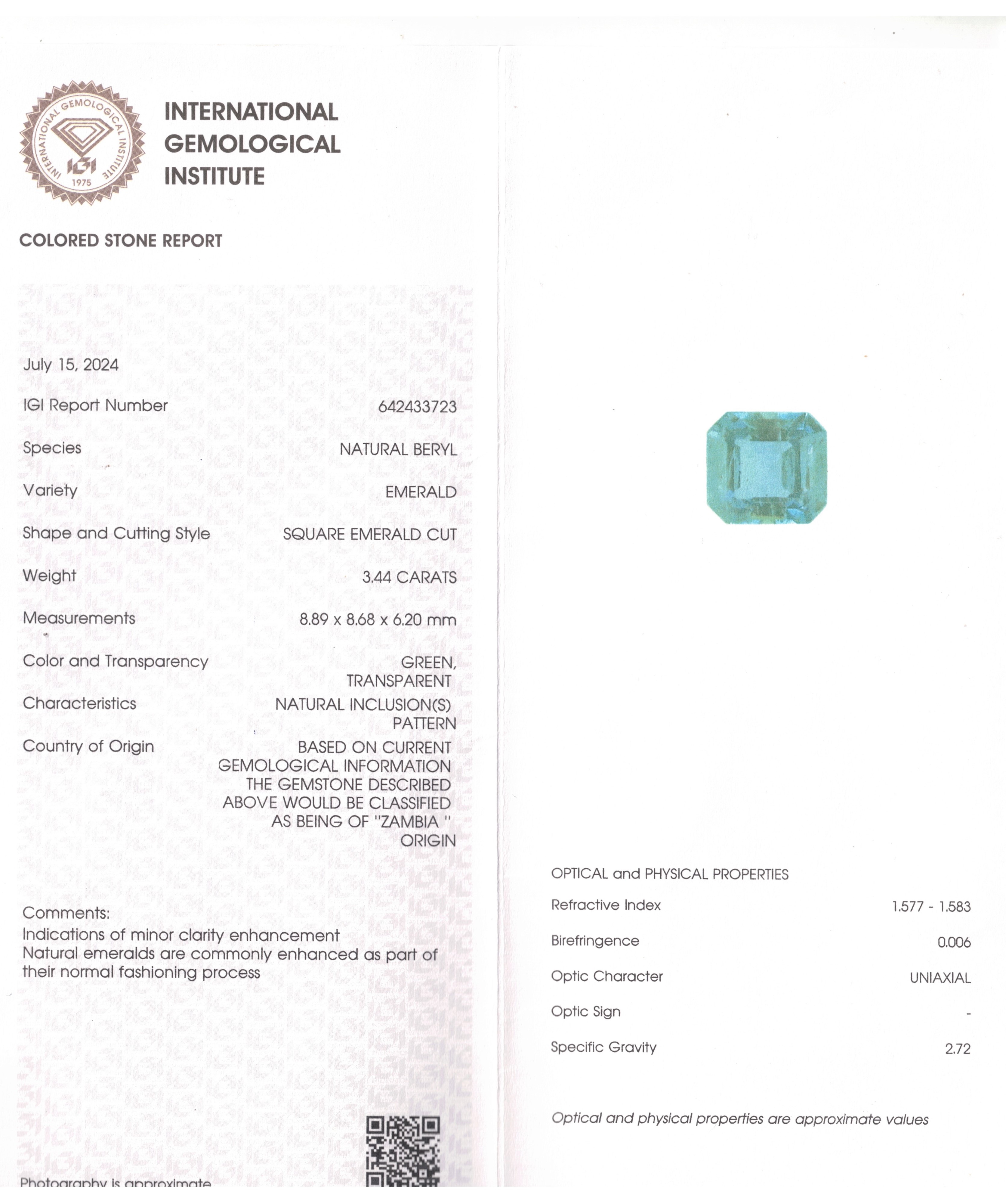 Anello in Oro Bianco 18 Kt con Smeraldo Centrale 3,44 Kt