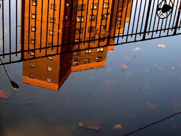 Collezione AQUA, titolo "Peter Cooper Village", anno 2006. USA: NYC, Riflesso del Peter Cooper Village con palazzi di mattoni rossi su pozzanghera di acqua piovana, digitale 0 / 5, 30,5X39, stampa digitale su carta fotografica mat kodak, forex nero 20mm, bordato
