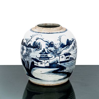 Vaso da Zenzero Bianco e Blu Dipinto con un Antico Paesaggio