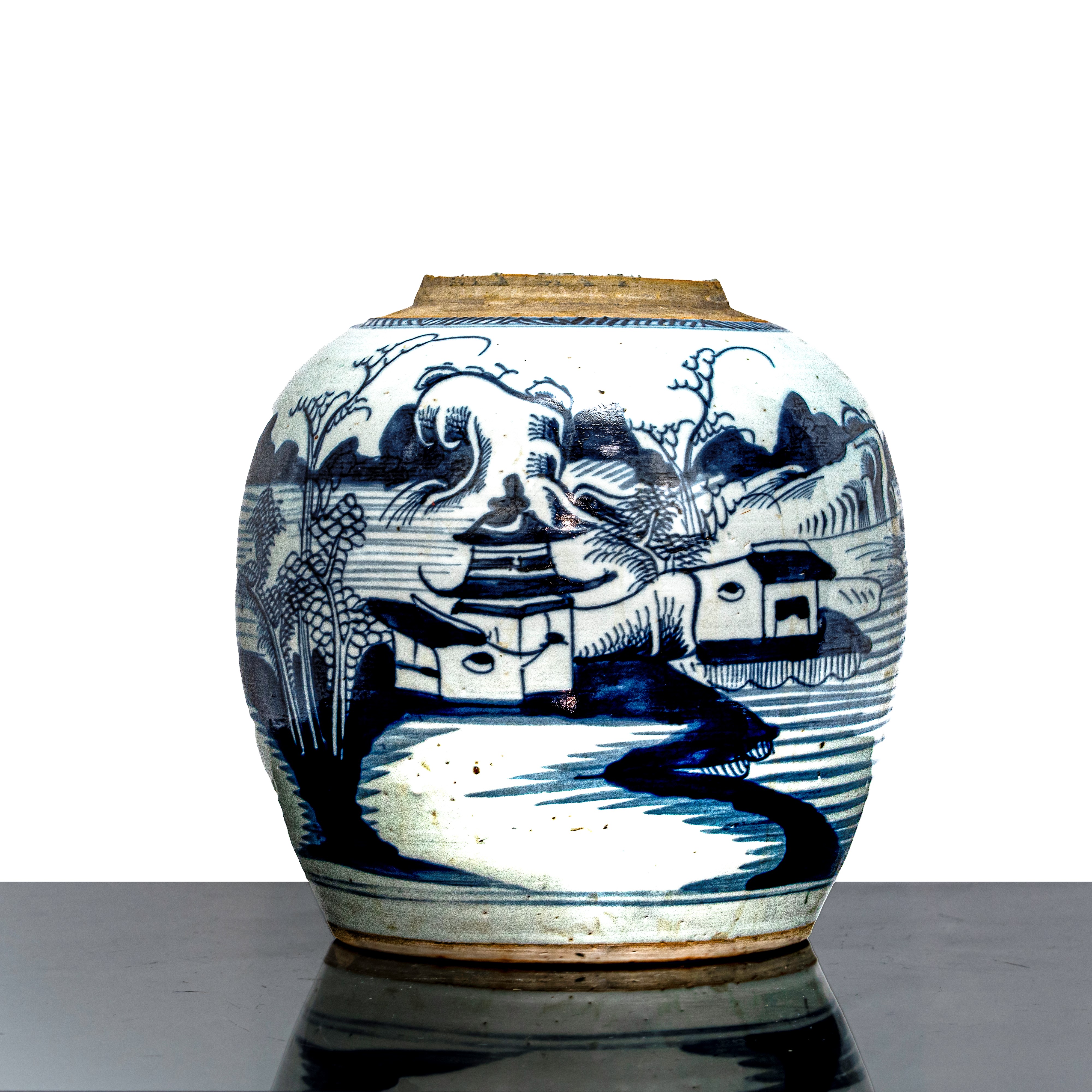 Vaso da Zenzero Bianco e Blu Dipinto con un Antico Paesaggio