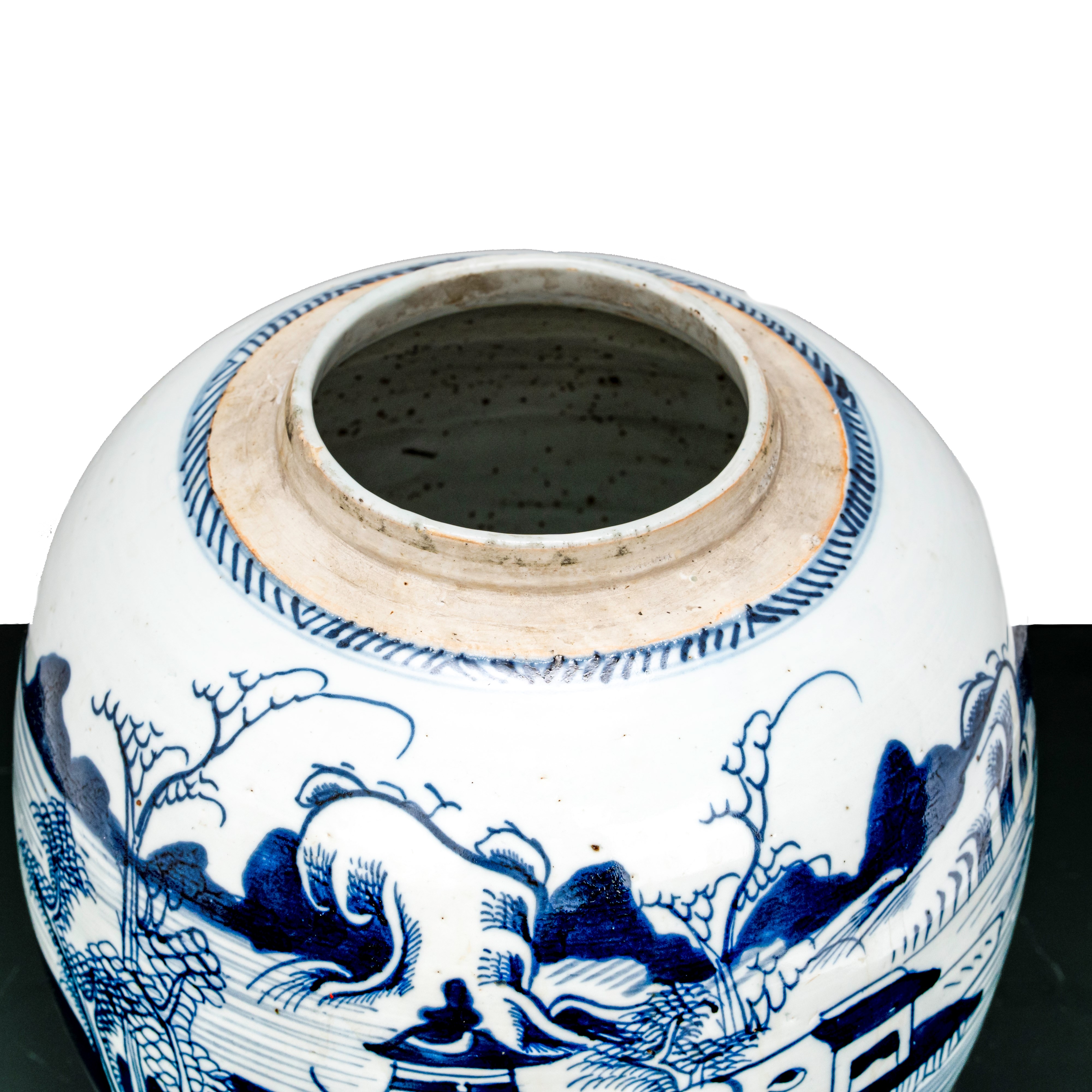 Vaso da Zenzero Bianco e Blu Dipinto con un Antico Paesaggio