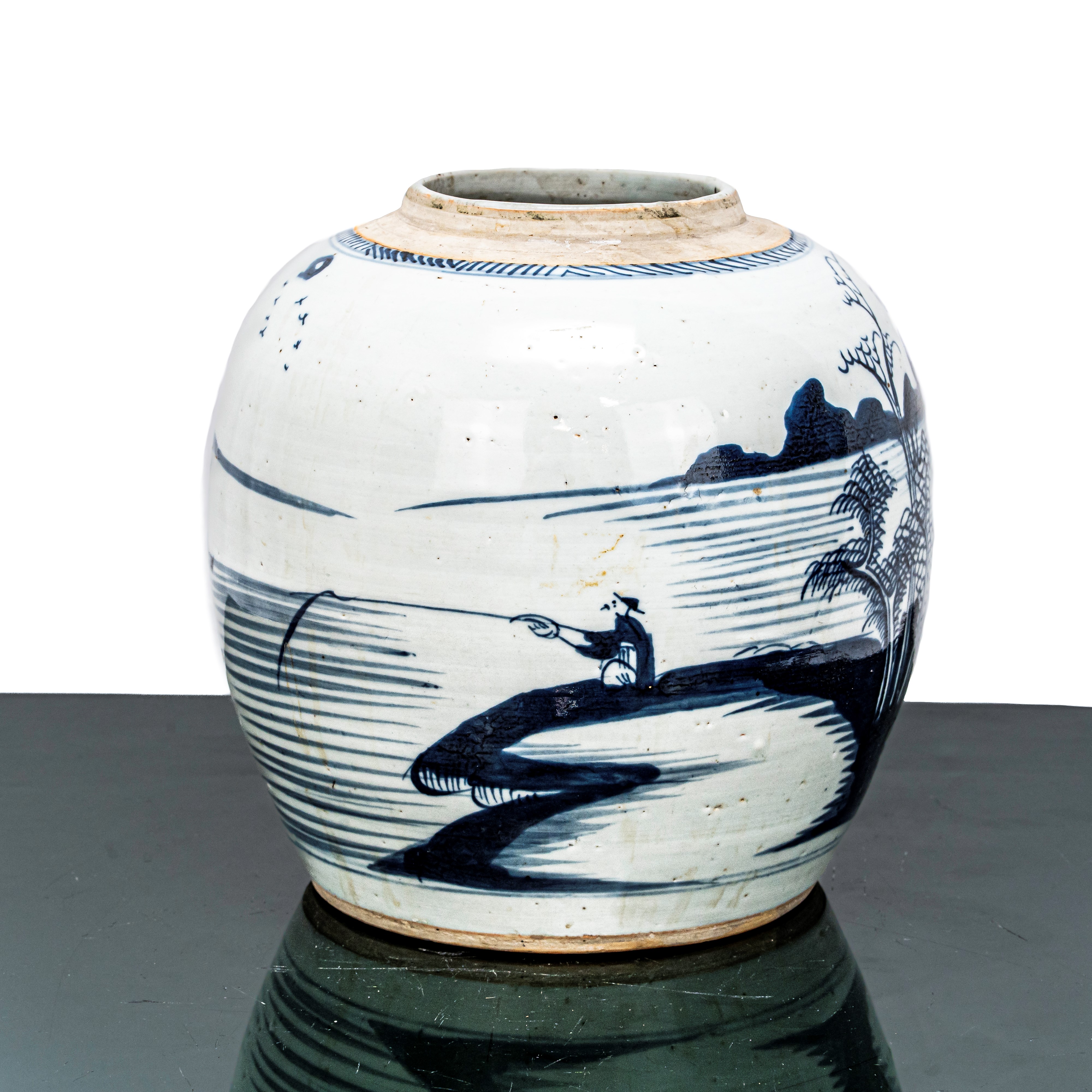Vaso da Zenzero Bianco e Blu Dipinto con un Antico Paesaggio