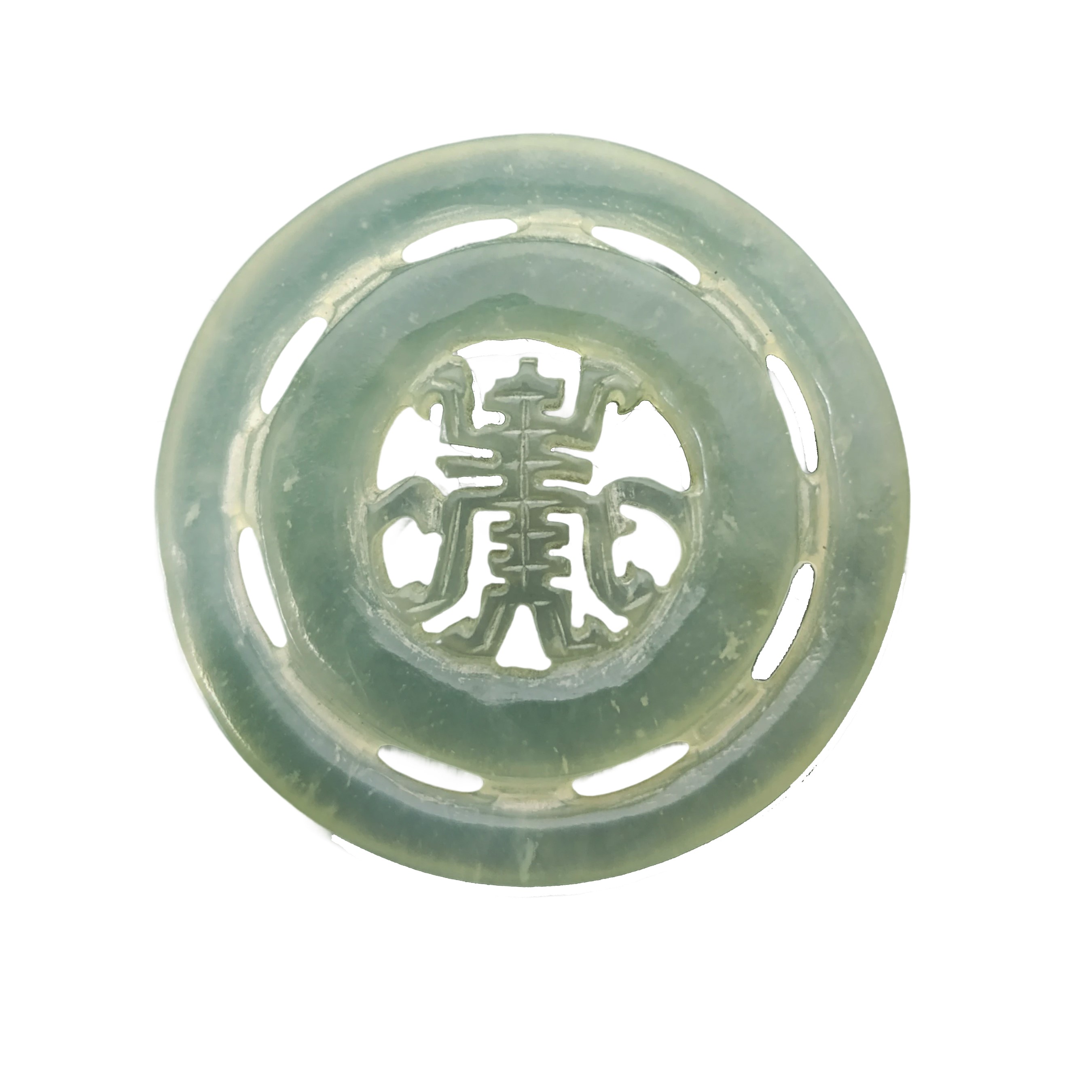 N°2 Pendenti in giada traforata con decori arcaici