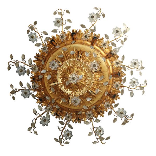Banci Firenze - Large round ceiling lamp in gold metal and glass flowers with 16 lights
