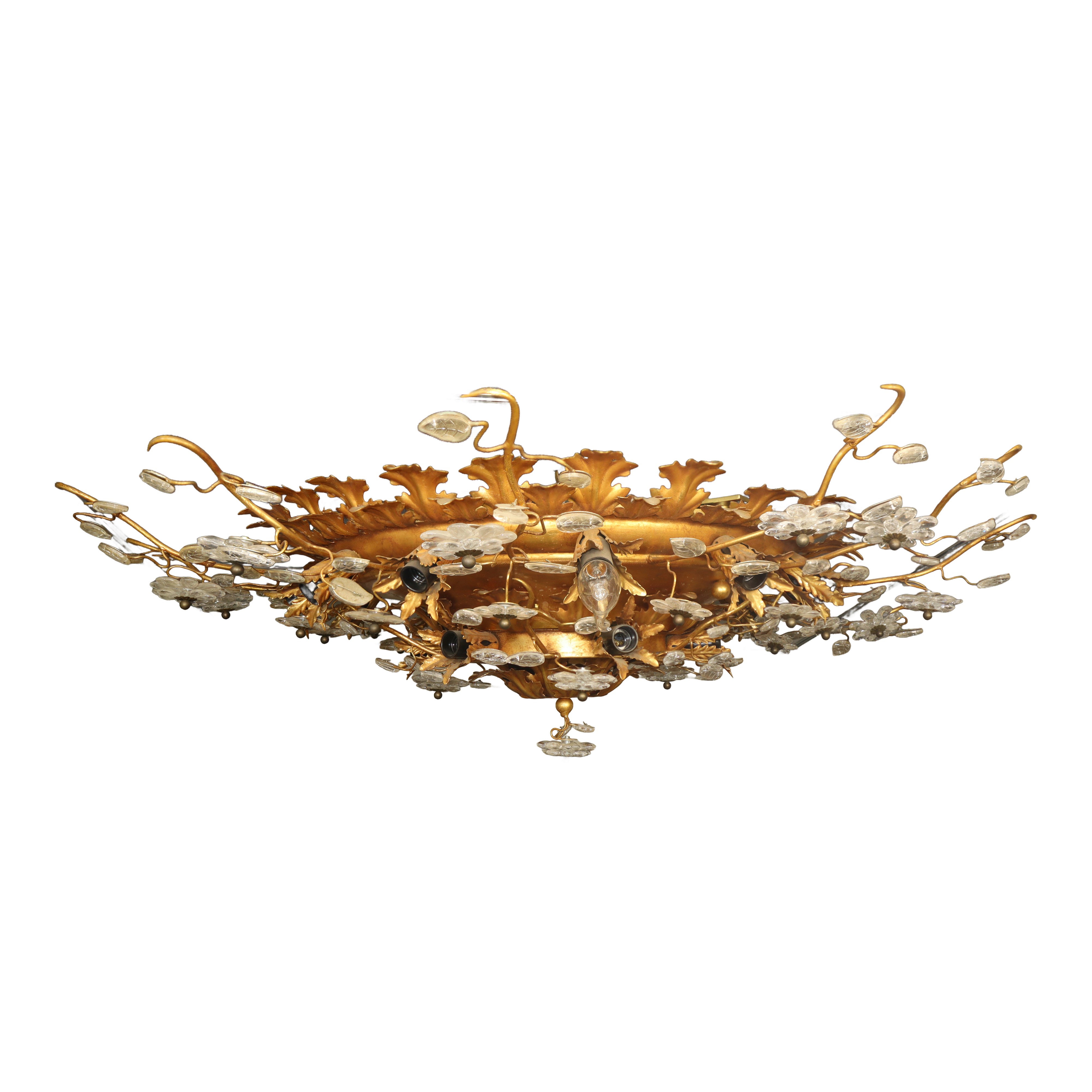 Grande plafone rotondo in metallo dorato e fiori in vetro a 16 luci