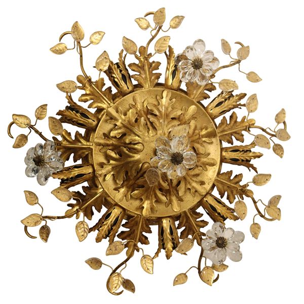 Banci Firenze - Small round ceiling lamp in gold metal and glass flowers with 8 lights