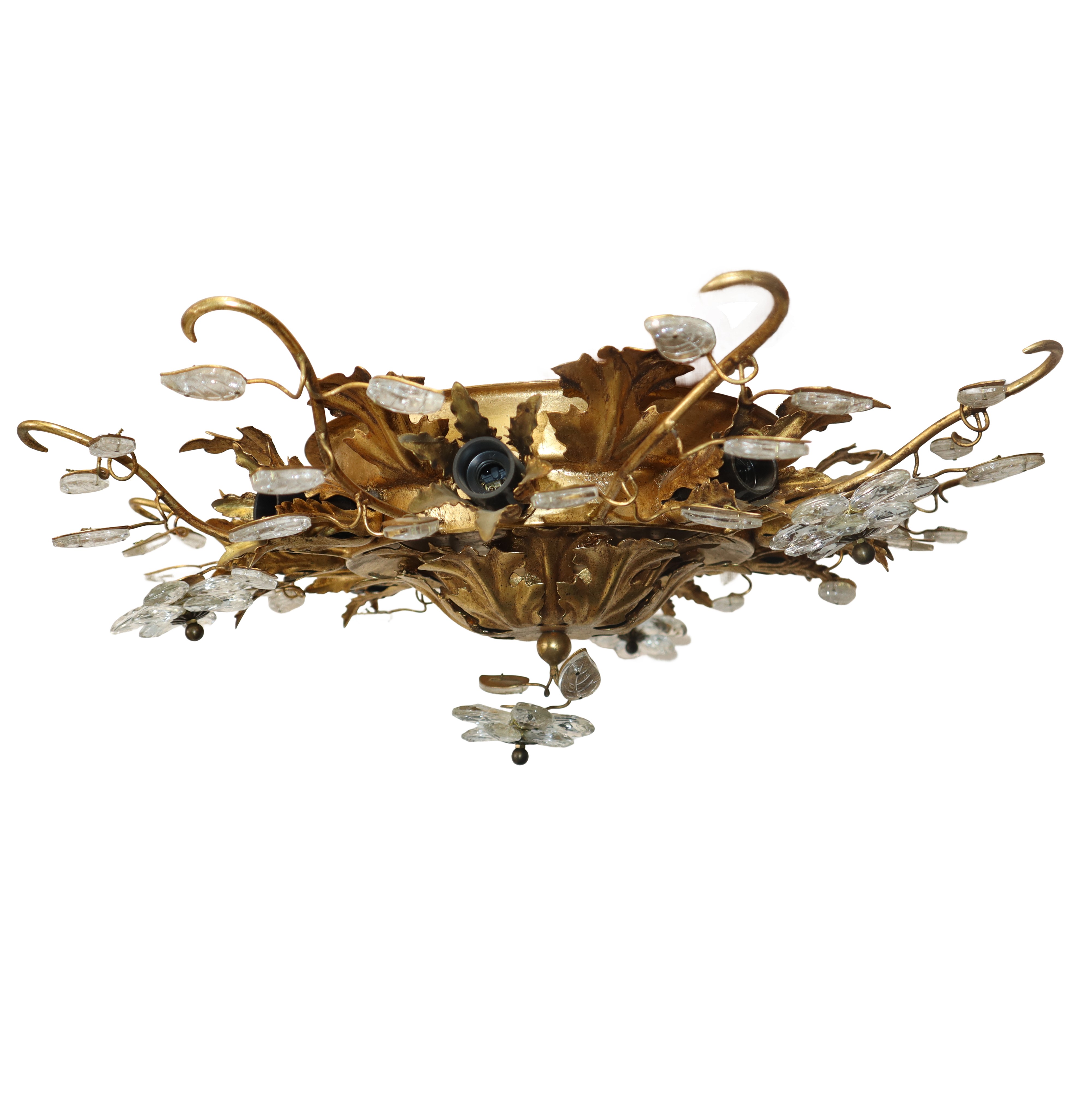 Piccolo plafone rotondo in metallo dorato e fiori in vetro a 8 luci