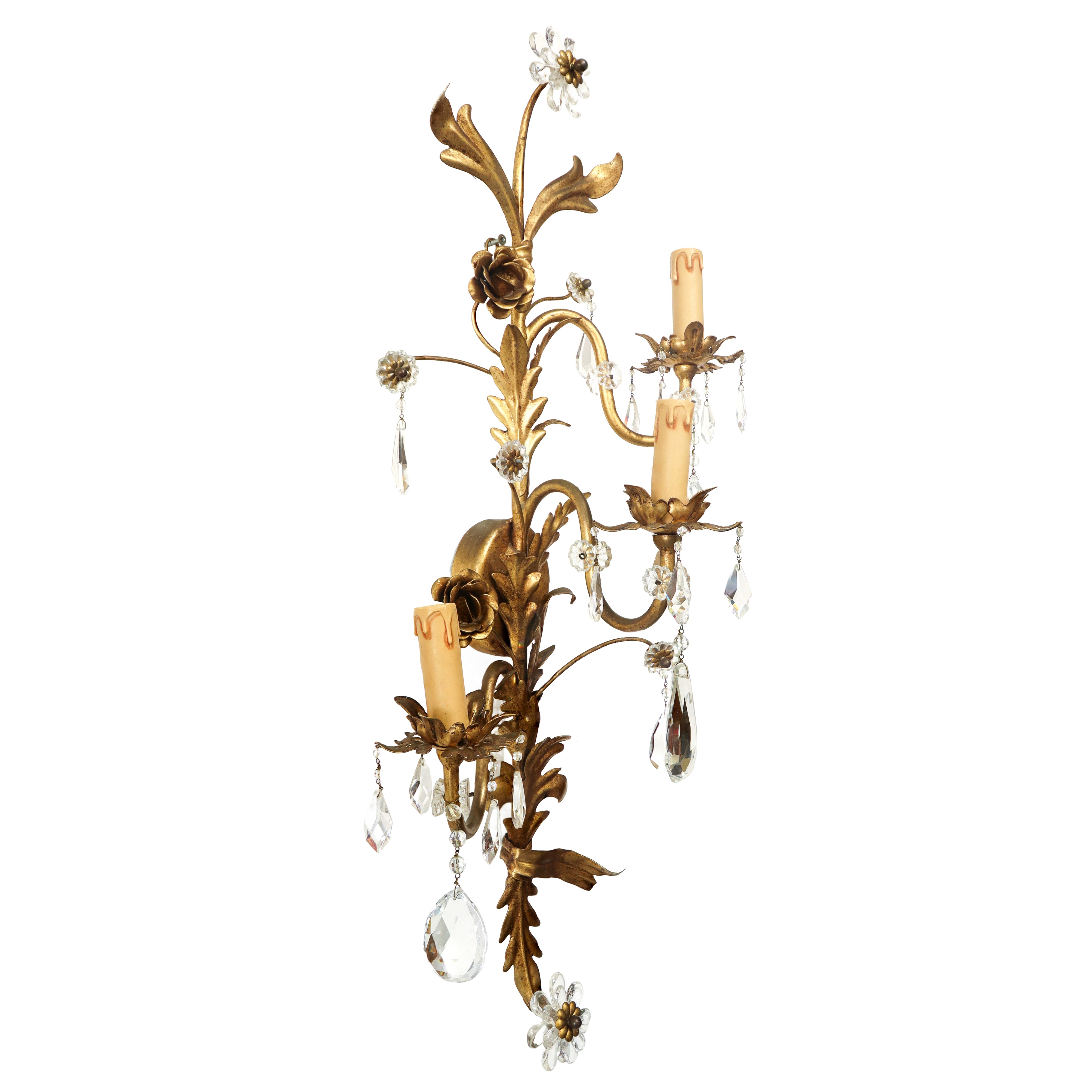 Applique a tre luci in metallo dorato e fiori in vetro