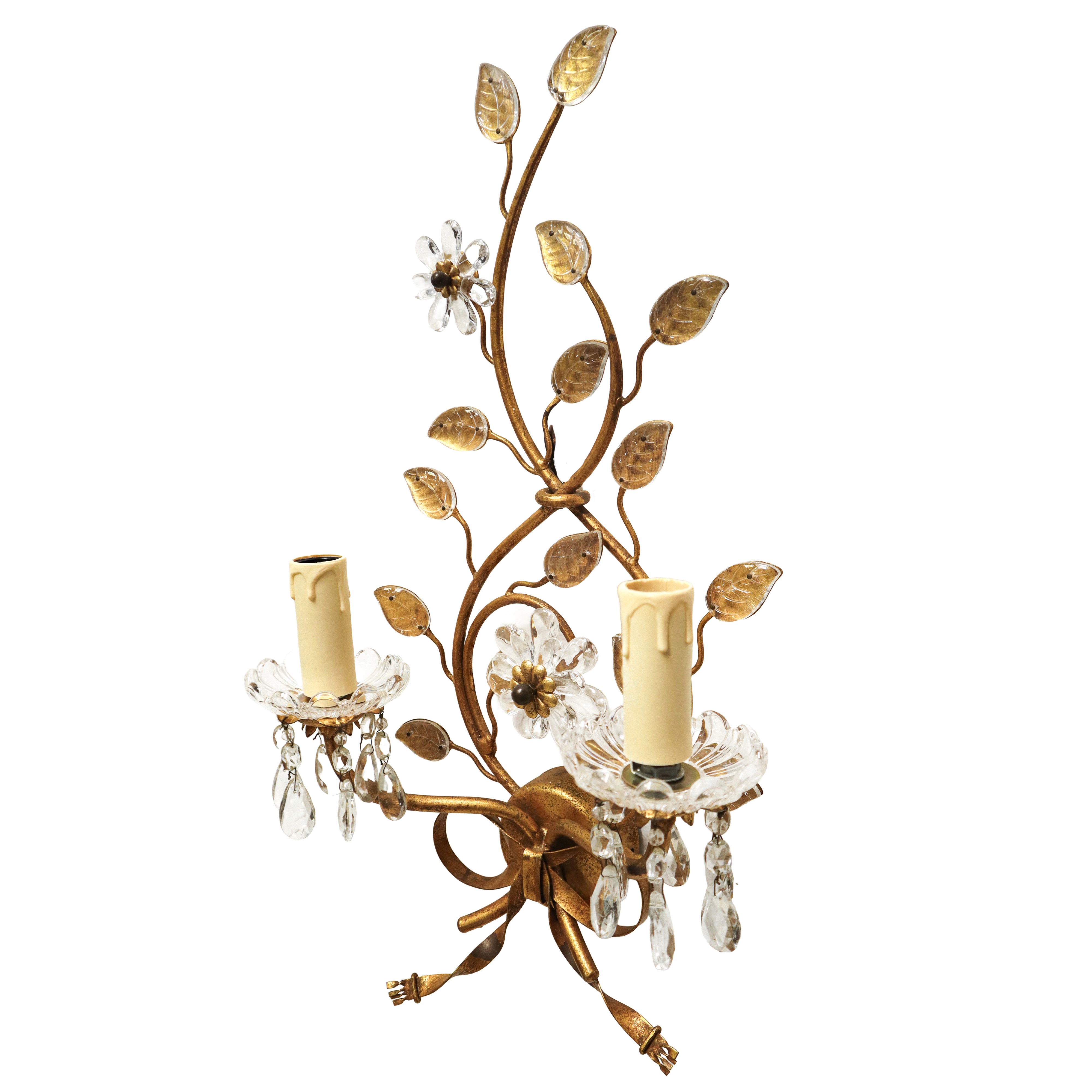 Applique a due luci in metallo dorato con fiori in vetro e nodo d'amore