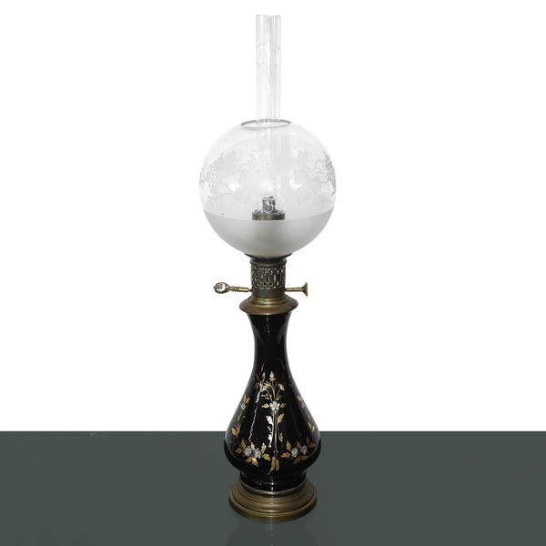 Black porcelain lamp painted with floral motifs with glass ball diffuser