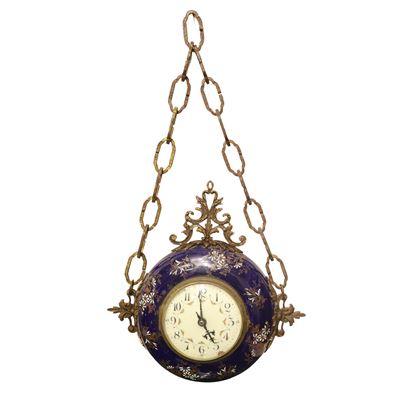 Orologio da Parete Doppia Faccia in Porcellana Blu di Sevres Dipinta con Smalti a Motivi Floreali