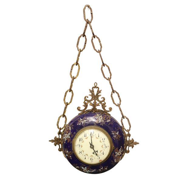 Double-sided wall clock in blue Sevres porcelain painted with floral motif enamels