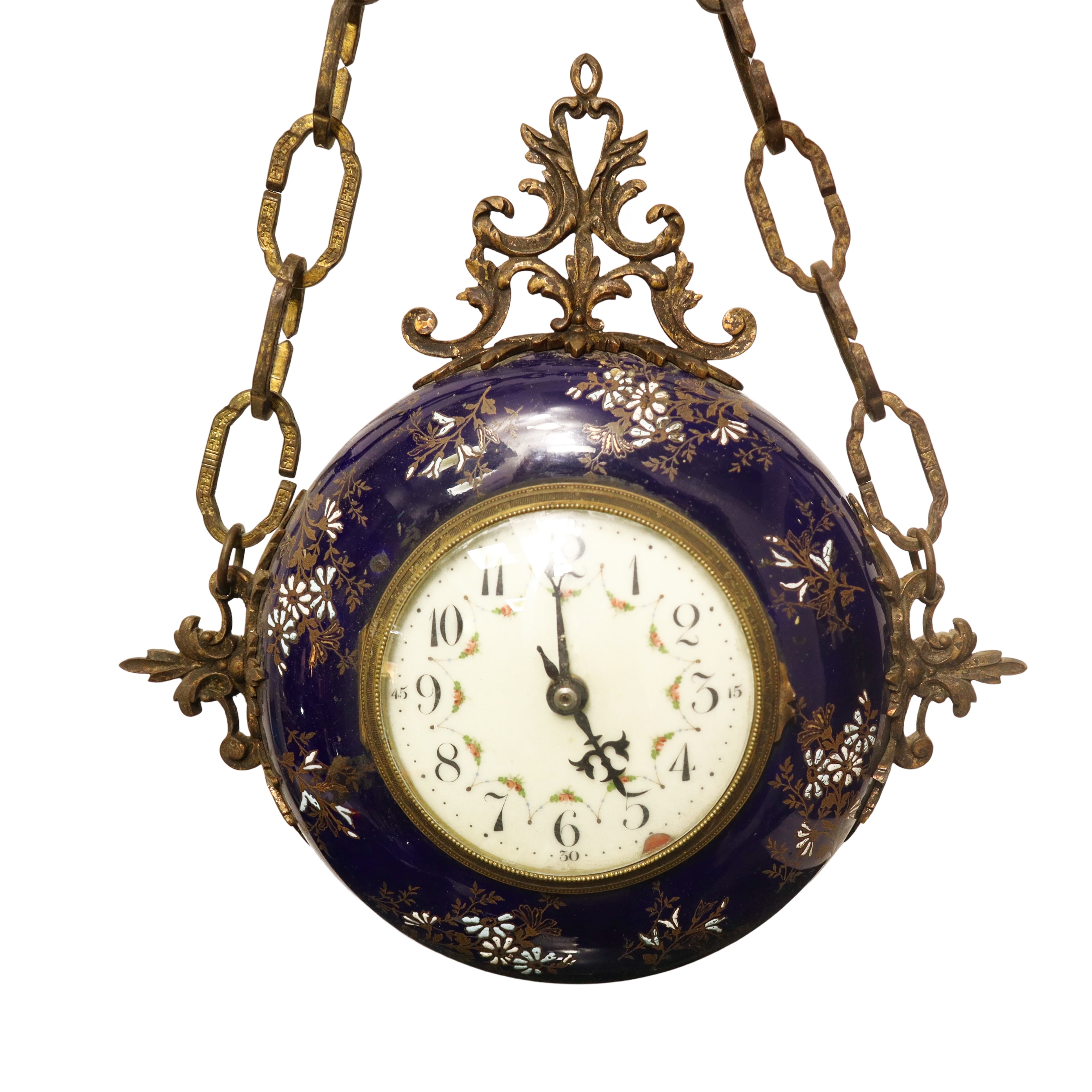 Orologio da Parete Doppia Faccia in Porcellana Blu di Sevres Dipinta con Smalti a Motivi Floreali