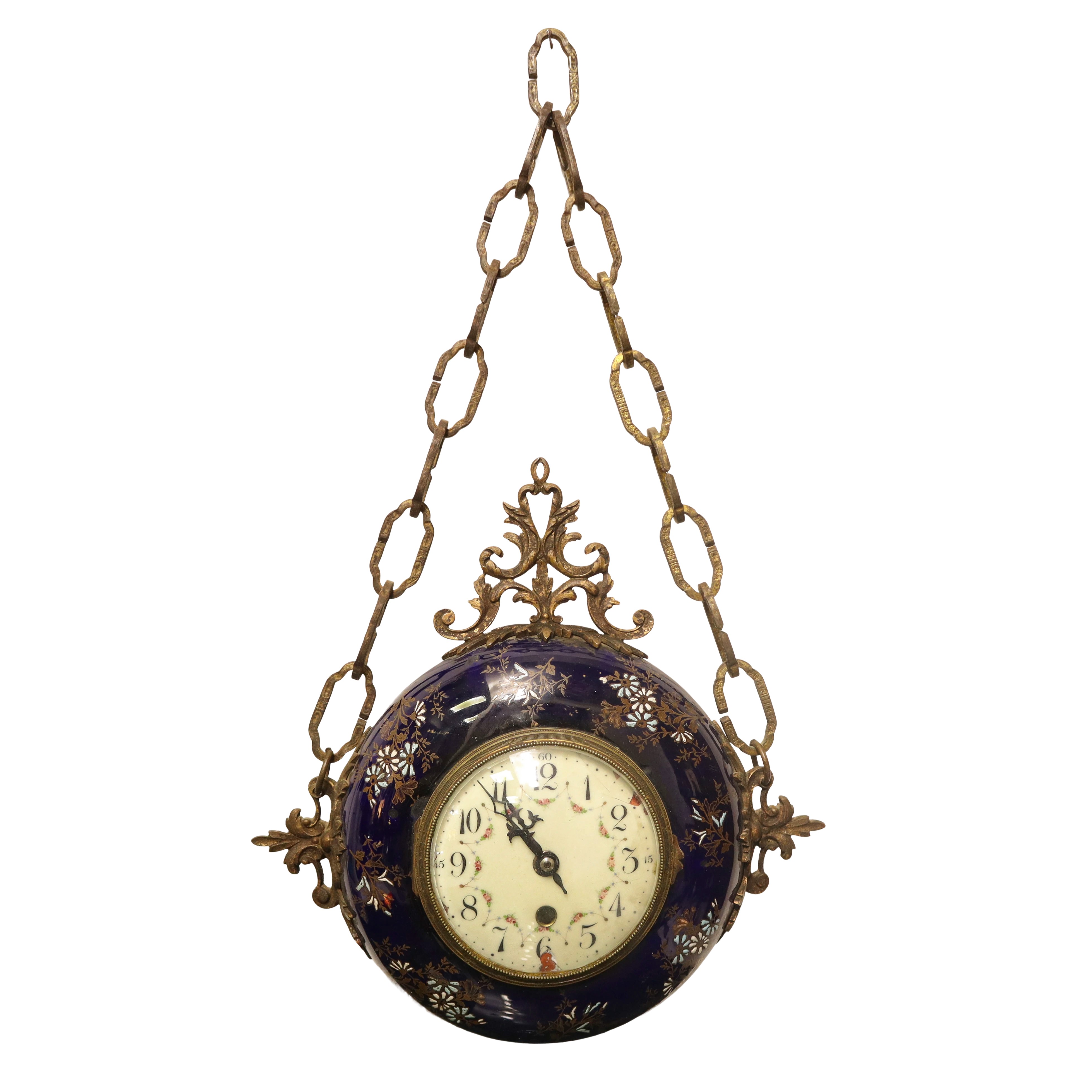 Orologio da Parete Doppia Faccia in Porcellana Blu di Sevres Dipinta con Smalti a Motivi Floreali